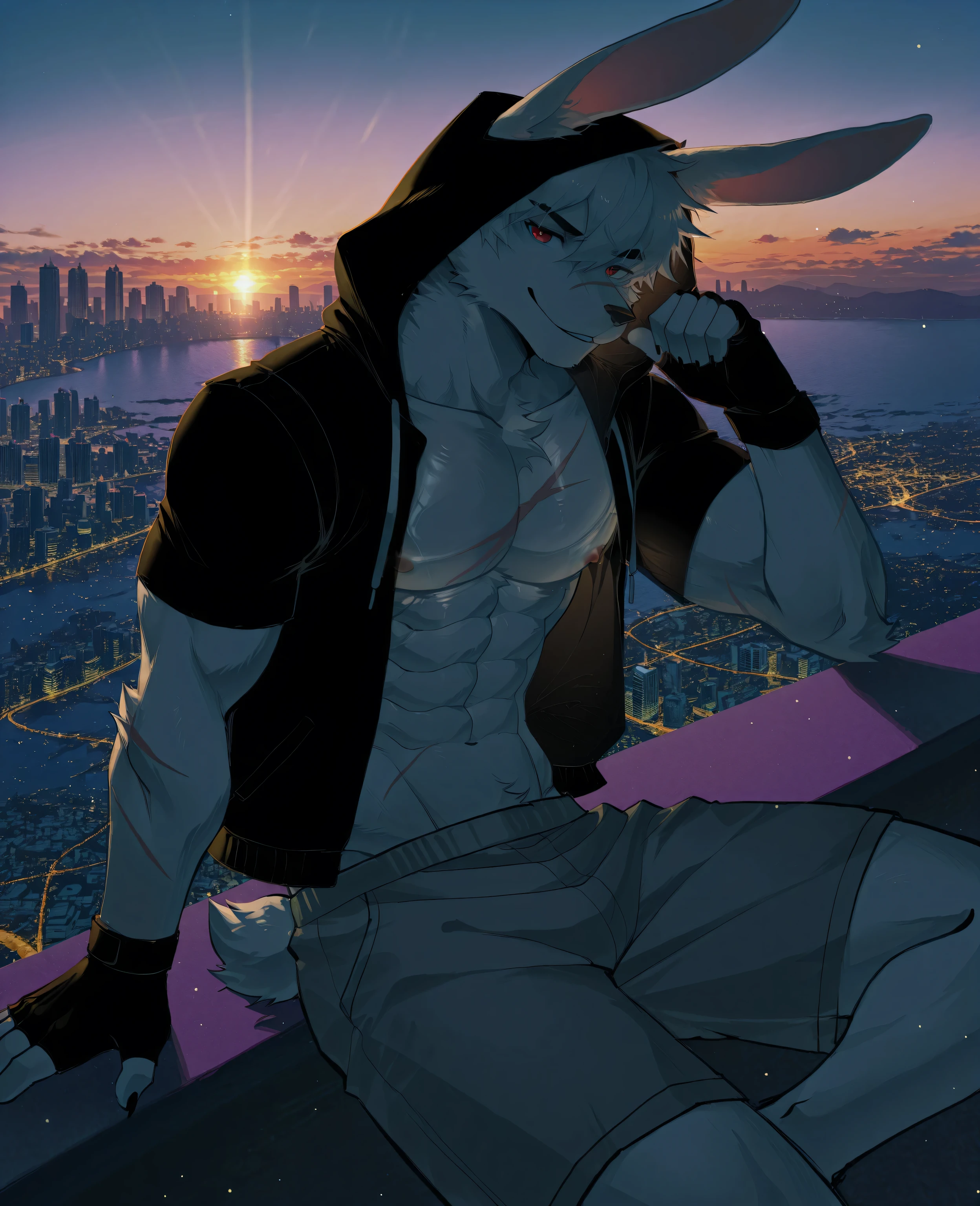 sfw,masterpiece,UHD,solo:1.2,highres,best quality,anatomically correct,furry male,male_focus,(rabbit),collarbone,(white fur:1.5,scar on body),white hair,short hair,cocked eyebrow,snout,(detailed eyes,red eyes,detailed pupils,beautiful eyes),snout,animal ears,rabbit ears,one ear folded,absurdres,shapely,handsome,rabbit tail,cowboy_shot,(slender muscle:0.3),(transparent clothes,open black hoodie,vest,short_sleeves,nipples,fingerless gloves,grey shorts,see-through_silhouette,),(5 fingers:1.1),(skinny:0.85),(peaceful face,seductive smile),cool pose,sitting on roof,leaning back,(in city,buildings,skyline,sunset glow,lake and park),ray tracing,shadow,looking_at_viewer,from_side:1.3,(dim light, shadow:1.2),bokeh,detailed background,Tyndall effect,(city scenery),((beautiful detailed background)),break,(wolftapioca:0.3,chung0u0,(by zwm:0.6),(lindong:0.8),(by null-ghost:0.8),huashijw,(asteroid_ill:0.8),(smile \(qd4nsvik\):0.9),konya karasue)),cg,highres,sfw