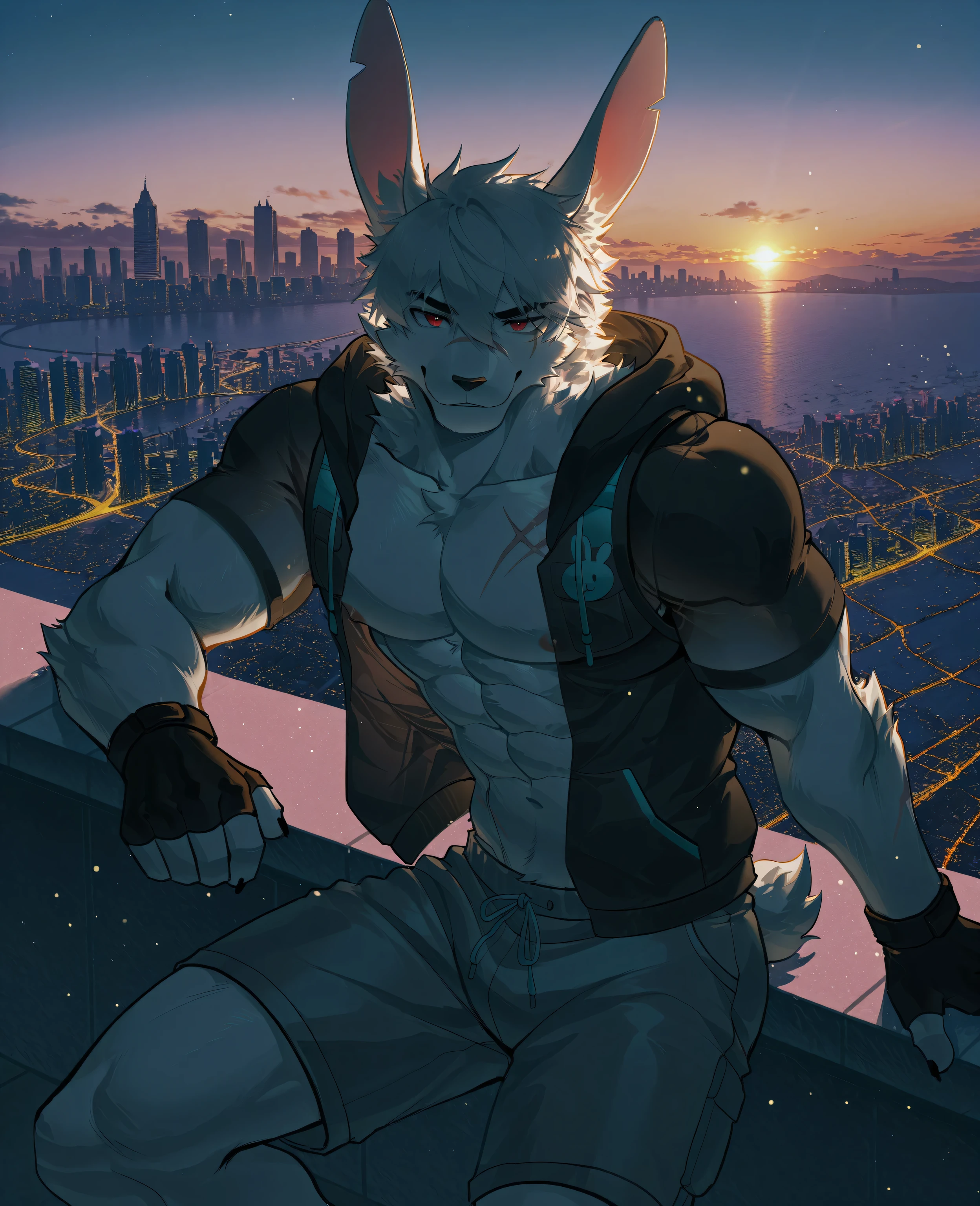 sfw,masterpiece,UHD,solo:1.2,highres,best quality,anatomically correct,furry male,male_focus,(rabbit),collarbone,(white fur:1.5,scar on body),white hair,short hair,cocked eyebrow,snout,(detailed eyes,red eyes,detailed pupils,beautiful eyes),snout,animal ears,rabbit ears,one ear folded,absurdres,shapely,handsome,rabbit tail,cowboy_shot,(slender muscle:0.3),(transparent clothes,open black hoodie,vest,short_sleeves,nipples,fingerless gloves,grey shorts,see-through_silhouette,),(5 fingers:1.1),(skinny:0.85),(peaceful face,seductive smile),cool pose,sitting on roof,leaning back,(in city,buildings,skyline,sunset glow,lake and park),ray tracing,shadow,looking_at_viewer,from_side:1.3,(dim light, shadow:1.2),bokeh,detailed background,Tyndall effect,(city scenery),((beautiful detailed background)),break,(wolftapioca:0.3,chung0u0,(by zwm:0.6),(lindong:0.8),(by null-ghost:0.8),huashijw,(asteroid_ill:0.8),(smile \(qd4nsvik\):0.9),konya karasue)),cg,highres,sfw