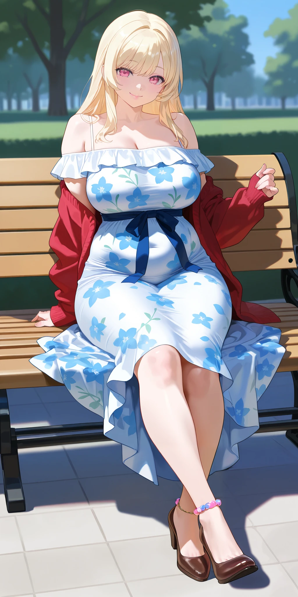 An extremely beautiful woman with blonde hair. She has extremely fair white natural skin, big pink eyes, big plump candy-red glossy lips, and a perfect slim body. She's wearing a short blue floral dress with spaghetti straps, a red front-open sweater worn in an off-shoulder style, brown heels, and feet anklets. She's sitting on a park bench, mouth closed, smiling, and a jeep parked far in the background. Show her full body.