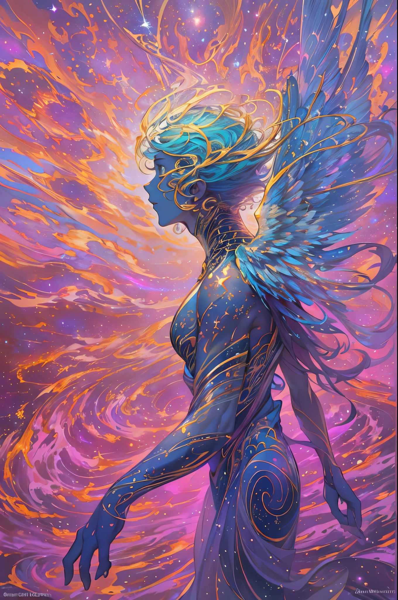 A colossal, winged humanoid celestial being, a shapeshifting angel of the cosmos, soaring through the vast expanse of the Universe. Its ethereal form shimmers with the luminous flow of nebulae and supernovas, seamlessly blending vibrant shades of blue, green, and gold like the hypnotic motion of a lava lamp. Its body reflects and refracts starlight, appearing both solid and translucent, infused with swirling plasma and cosmic dust. Majestic wings, woven from the fabric of galaxies, ripple with celestial energy as it moves in perfect harmony with the cosmic currents, leaving behind trails of radiant stardust. The background bursts with nebulae and cataclysmic supernova explosions, illuminating the infinite void with breathtaking, otherworldly brilliance.