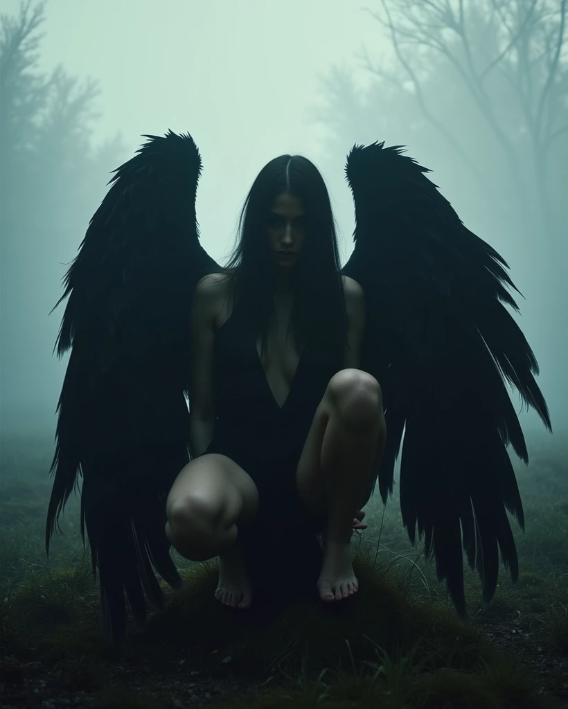 Create a cinematic cover image for a video about the story of a fallen angel, inspired by Lucifer. I want to convey an atmosphere of fear and darkness to attract viewers' attention. The image must portray the fallen angel in a dark and threatening environment, highlighting elements that evoke mystery and apprehension. Make sure the composition is intriguing enough to encourage people to click on the video to discover more about this engaging narrative.