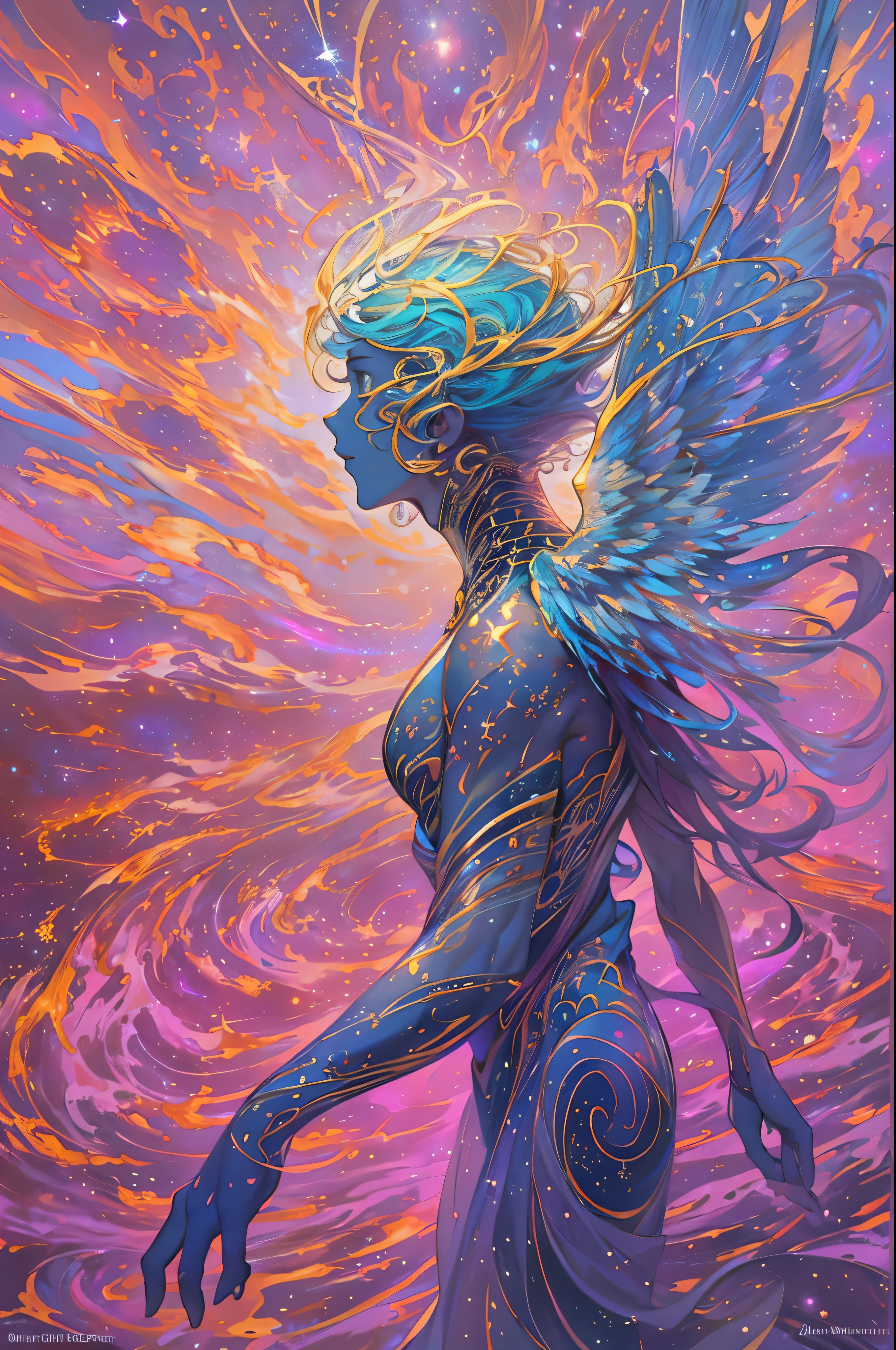 A colossal, winged humanoid celestial being, a shapeshifting angel of the cosmos, soaring through the vast expanse of the Universe. Its ethereal form shimmers with the luminous flow of nebulae and supernovas, seamlessly blending vibrant shades of blue, green, and gold like the hypnotic motion of a lava lamp. Its body reflects and refracts starlight, appearing both solid and translucent, infused with swirling plasma and cosmic dust. Majestic wings, woven from the fabric of galaxies, ripple with celestial energy as it moves in perfect harmony with the cosmic currents, leaving behind trails of radiant stardust. The background bursts with nebulae and cataclysmic supernova explosions, illuminating the infinite void with breathtaking, otherworldly brilliance.