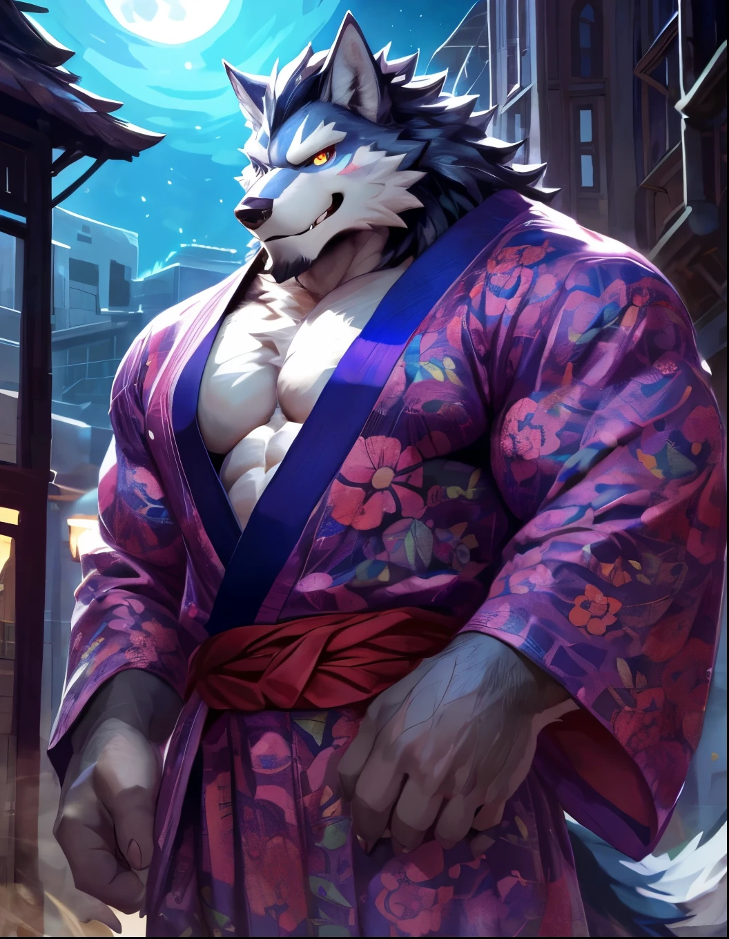 Wearing the God of Money's red hat, Ancient Chinese style,The God of wealth in China,The Chinese God of Wealth suit,furry,gray wolf,long hair,white hair,white eyebrows, wolf boy,stand,sunshine, furry boy,furry,particles, blue glowing,detailed background,photorealistic,8k hd,dark shadows, wide dynamic range,1boy,solo,muscular male,hi res,8k hd,extreme detail,detailed background,masterpiece,muscular,muscular anthro,looking at viewer,gray fur,gray body,tonyhair,white hair,sideburns,wristband,trousers,golden eyes,wolf eyes,claw,facial hair