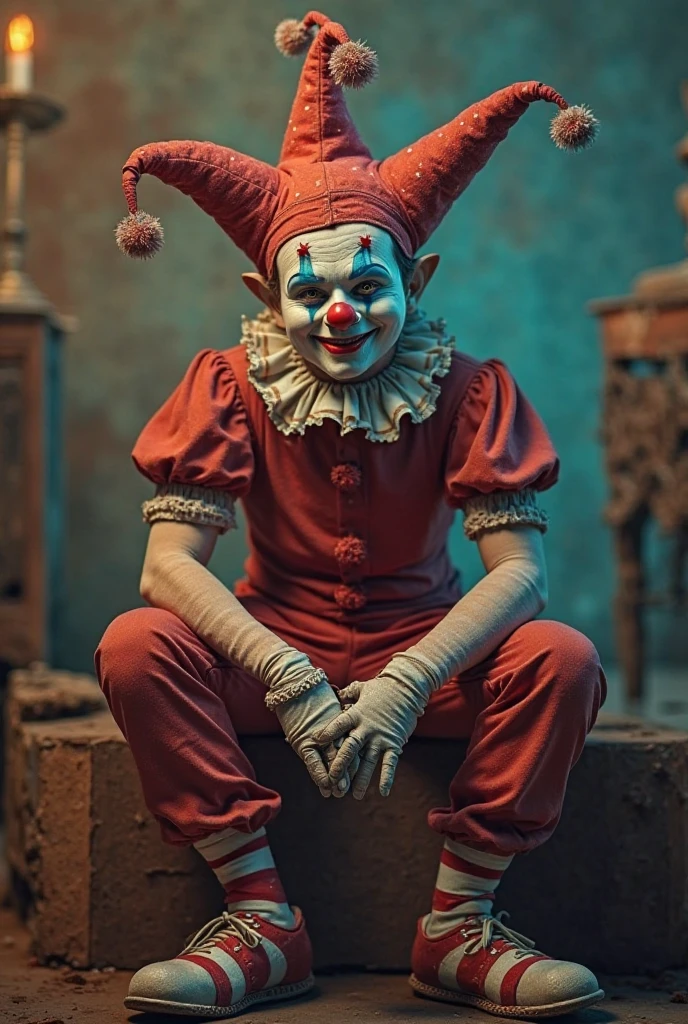 jester, Scrawny, with empty look, short guy with slightly torn clothes, with a colorful hat and he is sitting on an old wooden chair in an empty room while looking at the floor with a magic red circle underneath him, he doesn't have pointy ears and he's not an old man but a young adult