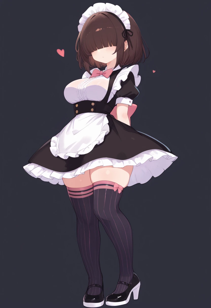 female, solo, human, brown hair, short hair, smile, brown eyes, medium breasts, sexy maid uniform, maid headdress, black dress, lifting skirt to see her pussy, looking behind, (nsfw:1.5), black cat ears