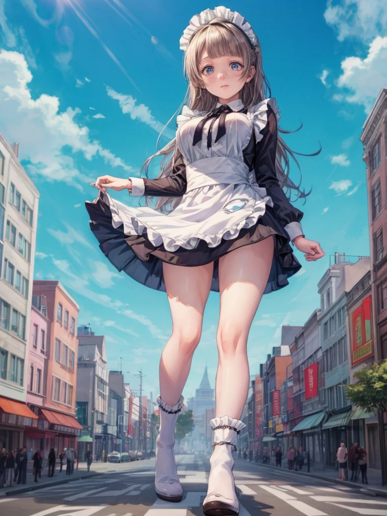(Best Quality),(masterpiece),(ultra detailed),(high detailed),(extremely detailed),beautiful anime illustrations,style of a pretty maiden, Long hair, medium breasts, light brown hair, Maid, young model, symmetrical,character concept art, (Whole body: 1.43), (looking down on the spectator: 1.5), lifting up her dress, showing her panties