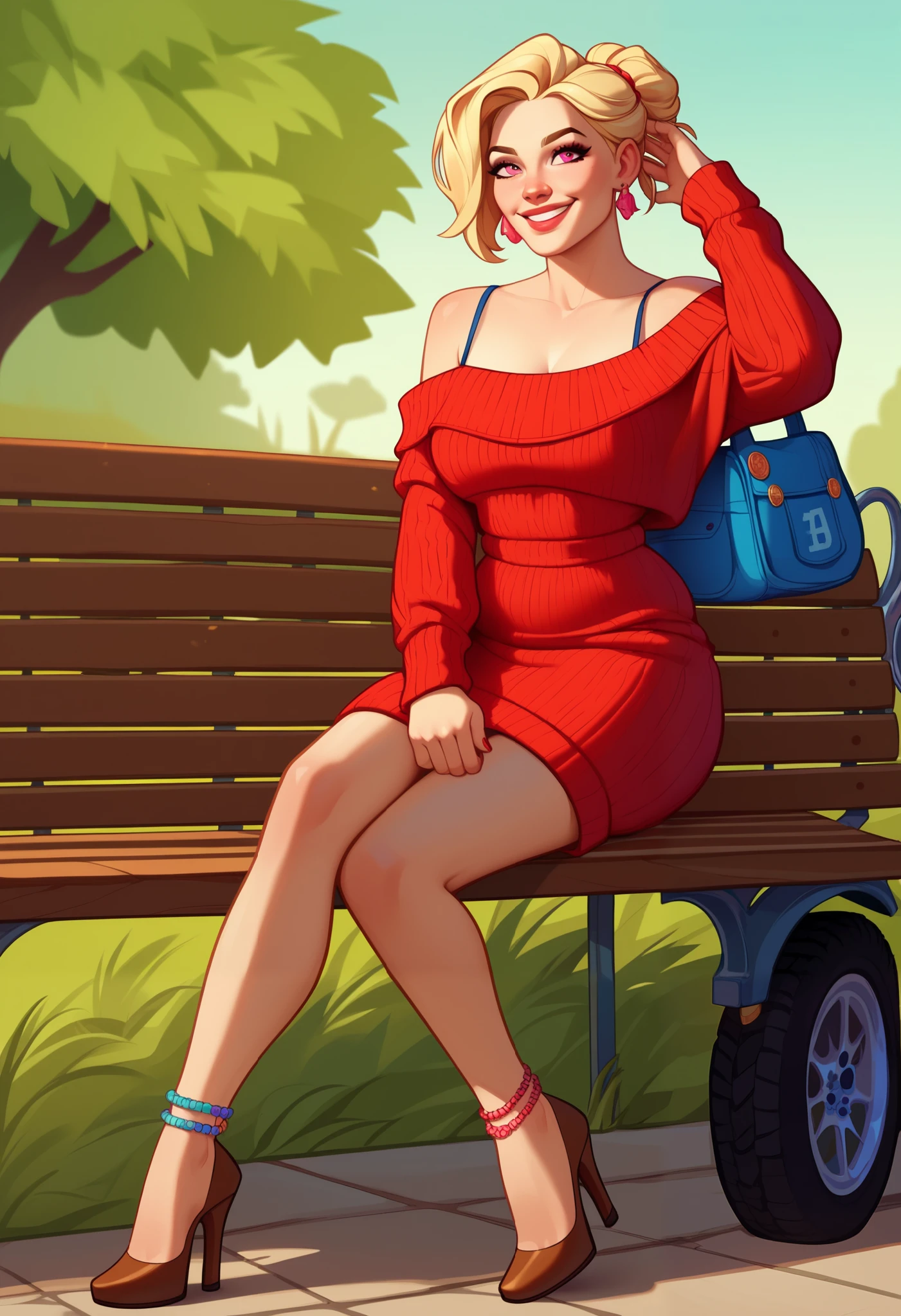 An extremely beautiful woman with blonde hair. She has extremely fair white natural skin, big pink eyes, big plump candy-red glossy lips, and a perfect slim body. She's wearing a short blue floral dress with spaghetti straps, a red front-open sweater worn in an off-shoulder style, brown heels, and feet anklets. She's sitting on a park bench, mouth closed, smiling, and a jeep parked far in the background. Show her full body.