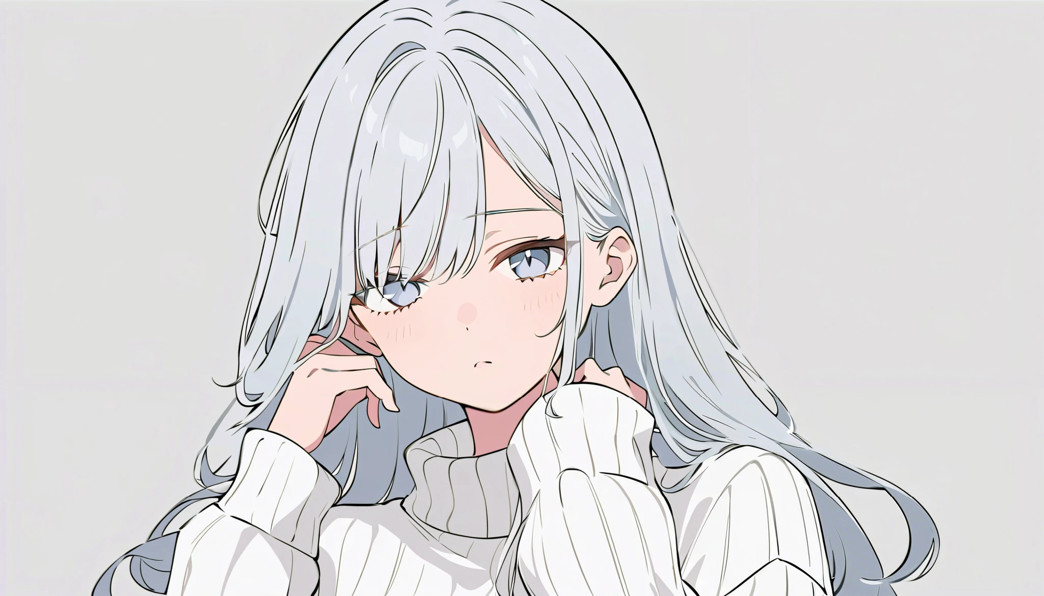 flat color, 
1girl, solo, 
silver eyes, silver hair, long hair, sleepy-eyed, sleepy, 
hand in own hair, looking at viewer, upper body, 
ribbed sweater, white sweater, 
simple background, silver background,