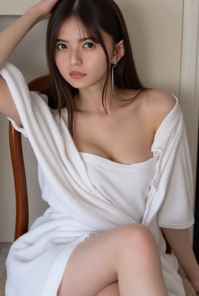 (masutepiece, Best Quality:1.4), Beautiful face, 8K, 85 mm, absurderes, ((Dark bedroom in the hotel))、(Wearing a thick white bathrobe:1.4), ((cowboy  shot:1.5))、((Shot from below:1.4))、((udder of medium size:1.4))、violaceaess, gardeniass, Delicate girl, Solo,(((Twin-tailed:1.5)))、((sitting in the couch:1.4))、((Drink juice:1.4))、Night, Looking at Viewer, Upper body, Film grain, chromatic abberation, Sharp Focus, face lights, Professional Lighting, Sophisticated, (he looked at me with a confused expression:1.4), (Simple background, Bokeh background:1.2), Detail Face、