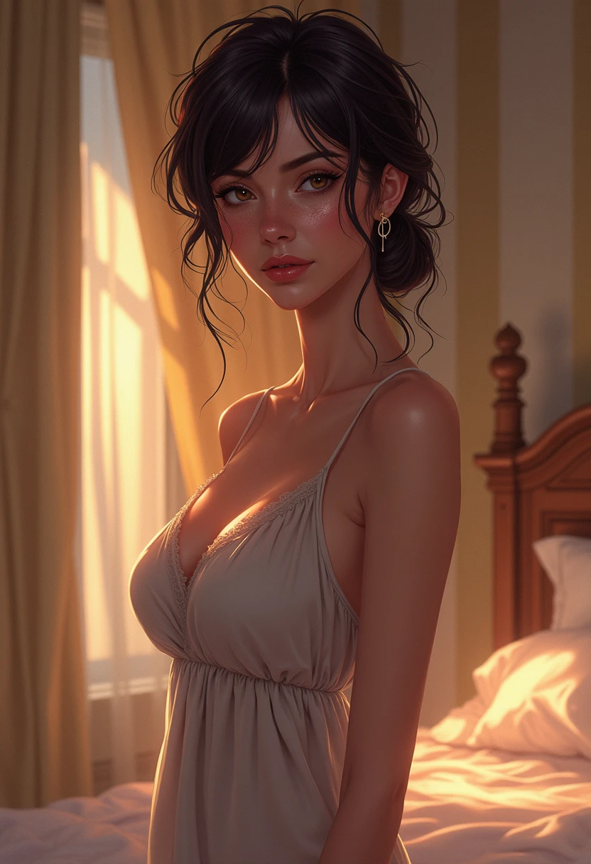 ((Masterpiece, best quality)), photography, detailed skin, realistic, photo-realistic, 8k, highly detailed, full body, High detail RAW color art, diffused soft lighting, shallow depth of field, sharp focus, hyperrealism, cinematic lighting, chibi, Turkish lady, Busty 46-year-old lady, Mature, full body, eyeshadow, brown hair, short hair, eyeshadow, single bun updo hair, glasses, in, huge breast, tense nipples, cross legs together side, sitting , on side, on the edge of a bed. ((Dark gray satin sundress)), Warm light background