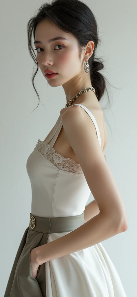 8K uhd、RAWphotograph、Model photo shoot、 European race、(masterpiece、highest quality、Photorealistic、High resolution、photograph:1.3)、waist-high、Focusing、Hot Model、slim、20 year old mature woman、Small face、No makeup、Short Hair、Dark Brown Haine beautiful eyes、Real Skin、(perfect body)、Sexy hot face、Erotic、Sexual gaze、Detailed beautiful eyes、Glossy lips、Small breasts、Small breasts、Bust B cup、Realistic details、Cool beauty、silky beige lace dress、Squatted Kneeling pose、From behind、Studio background