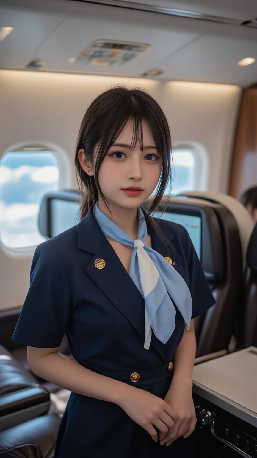 1Japanese female, Solo, 25 years, (cabin attendant uniform:1.3), smile, (fluffy brown eyes), (beautiful Face), (Black short hair), huge breasts, (Detailed face), Detailed lips, Detailed face, Detailed chest, detail, Perfect body, Standing, cowboy shot, ((background: in Japanese airline airplane)), 8K, of the highest quality, Intricate details, Ultra Detail, Ultra High Resolution, masterpiece,