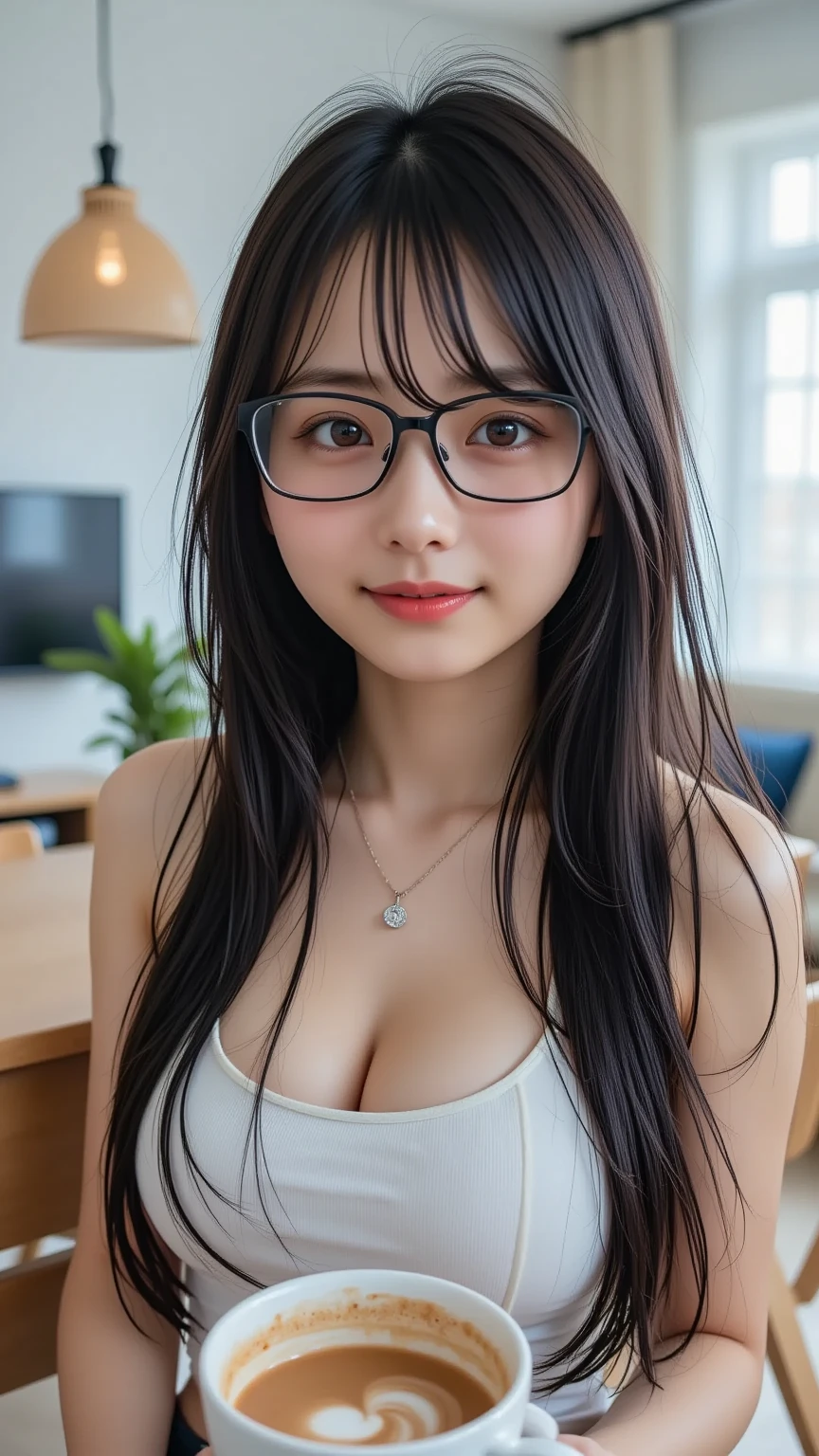 ((japanaese girl)), 8K, Raw photo, Best Quality, ultra-detailliert, Ultra High Resolution, Realistic, photographrealistic, high-definition RAW color photography, professional photograpy, Extremely detailed, 8K Wallpaper, amazing, finely detail, Huge file size, extra detailed face, extremely detailed eye, highlydetailed skin, extremely detailed fingers, highly detailed nose, highly detail mouth, Perfect Anatomy, Highly detailed background, Realistic body, Good figure, blown hair, (wet hair), Cute face, Photography, (Happy smile), Perfect Skin, Perfect Anatomy, cleavage, (glasses), (Off-the-shoulder knit), (Mole), high-angle shot, swept bangs, full black eyes,
