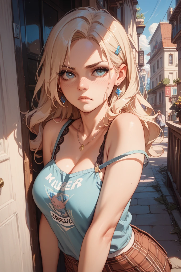 最high quality、best image quality、masterpiece、age girl((18-year-old、 By becoming、vest bust、medium bust,wide open breast tea、black eye, blonde hair、Habitual hair、long hair、thin,highest valley、blue shorts、Holding a plastic bottle、smug face、heart tattoo、black aloha shirt、squat、open your legs、sweating)),high quality、beautiful art、background((Hawaii、Waikiki、Palm tree))debris flies、Depth of written boundary、movie、visual art、perfect art、8K,genuine