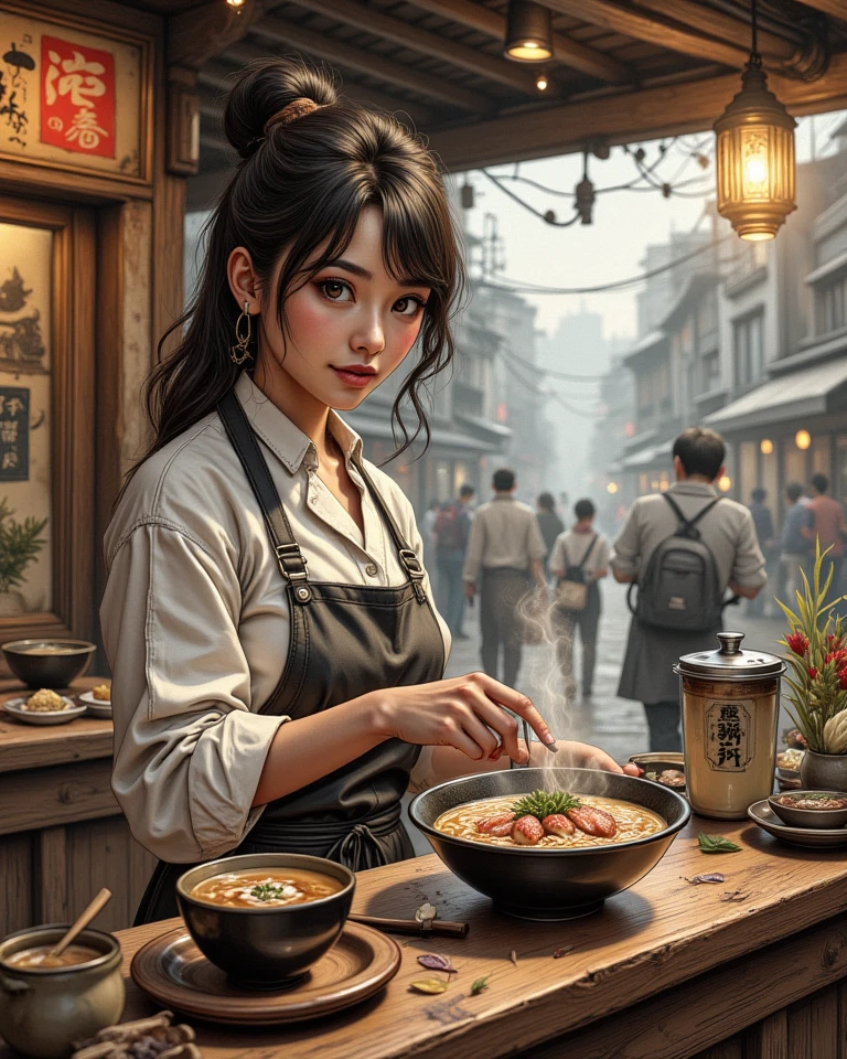 Little girl sweet, Dim sum shops produce dim sum, flower pots, desks, a chair, and the sun was shining brightly, the detail， 4K， k hd， high high quality