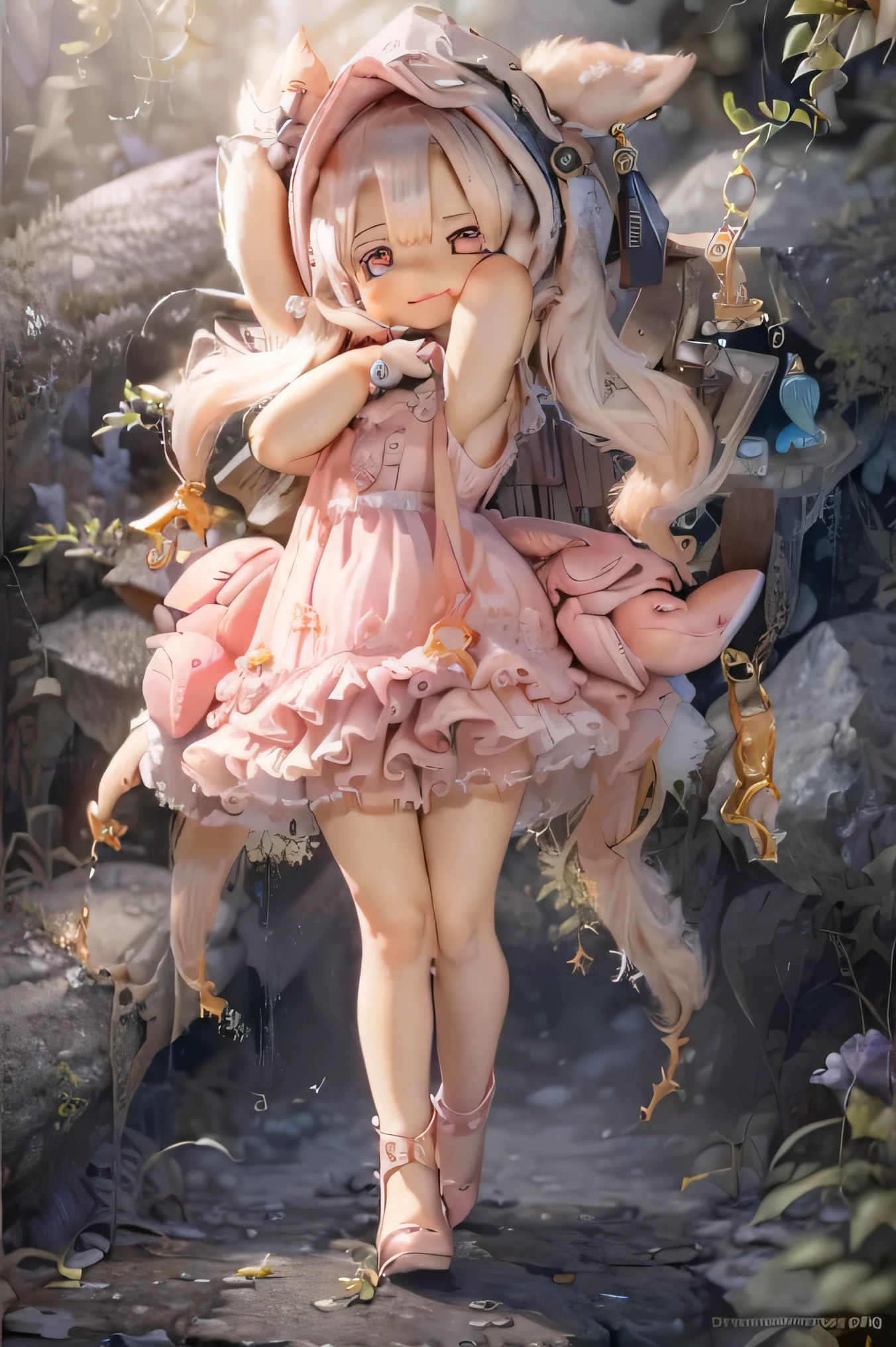 , smile, Photorealistic rendering with a warm and bright atmosphere . Similar to a forest setting , it combines , beautiful eyes and lips . ((( Photorealistic rendering similar to the character style of Chibi ,))) . The image quality is excellent , Illumination highly detailed and realistic features that create a warm and bright atmosphere . The medium of this work is、 I created an illustration .. The colors are vivid、 illumination、 made in abyss 、use 。 Full Body((((( cute pink dress ))))) Cute Poses 、sleep