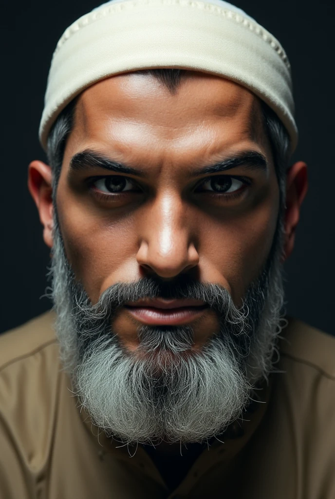 "I want an image of a Muslim man. He should have a long beard but no moustache. He is wearing a round white cap (like a taqiyah or kufi). His expression should be neutral or peaceful, and he should be dressed modestly, possibly in traditional attire."