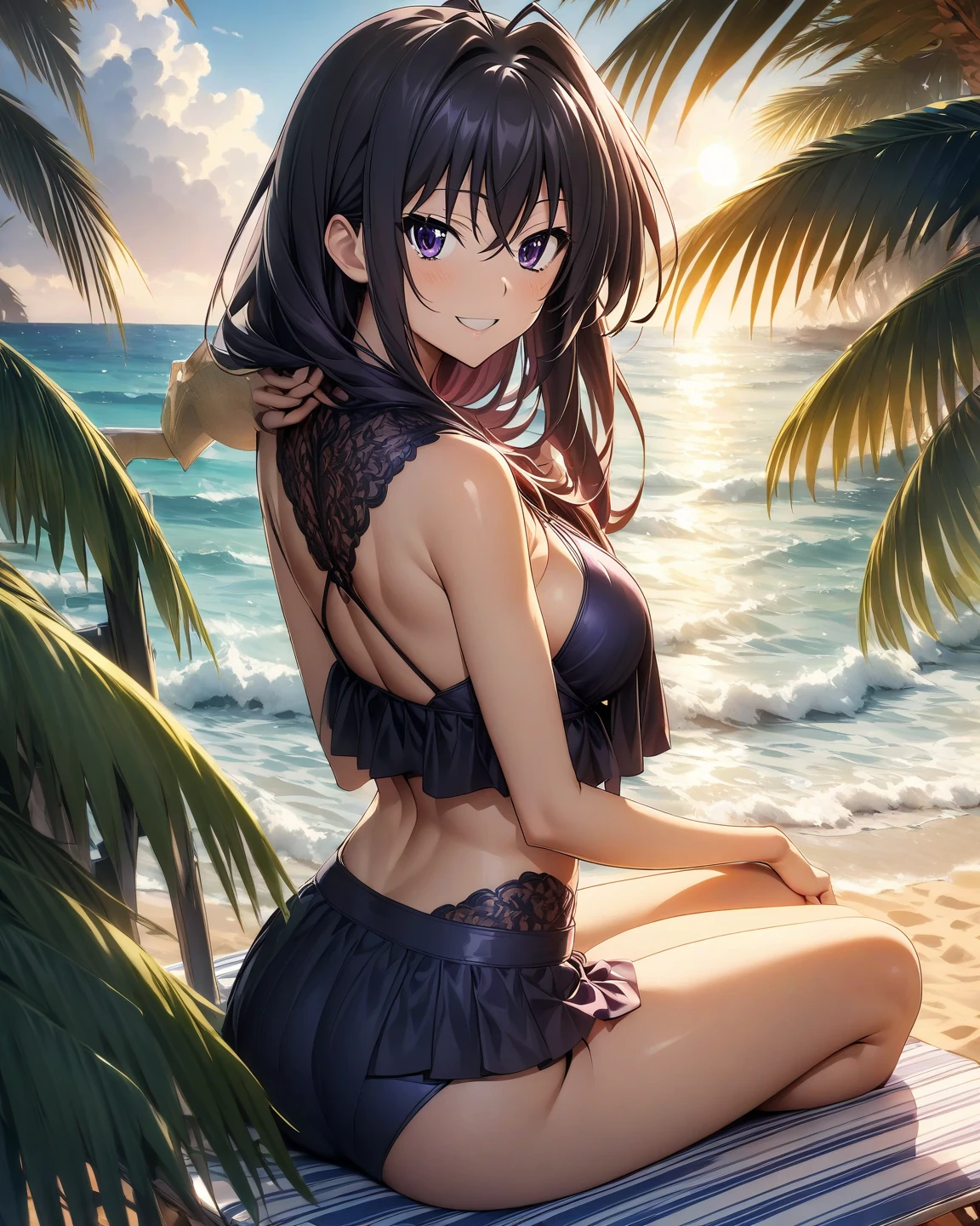 a girl、high teen female、a picture、realisticlying、top-quality、adopt、A detailed face、the beach、Southland、full body Esbian、White Bikini、a detailed backgrounds、diffuse sunlight、depth of fields、Bokeh,dutch angle