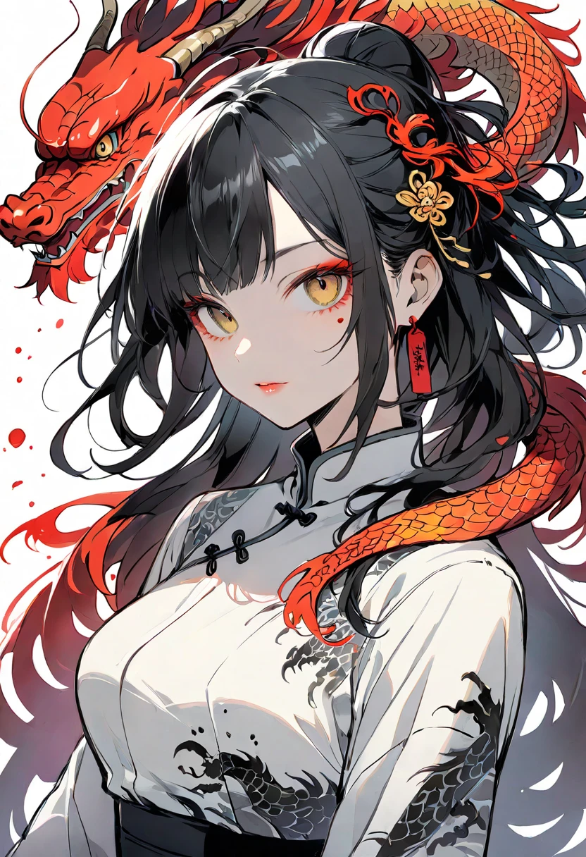 A girl with long black hair, white skin, red lips, black eyes, a red tunic with gold edges and a gold belt with an Asian dragon tattoo on her neck with a scar on her face