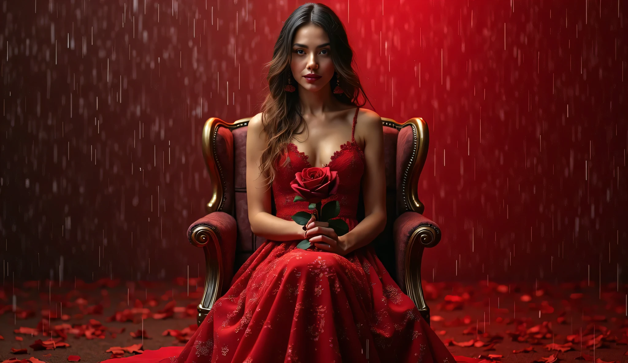 A woman in a red dress sitting in a chair in the rain - SeaArt AI