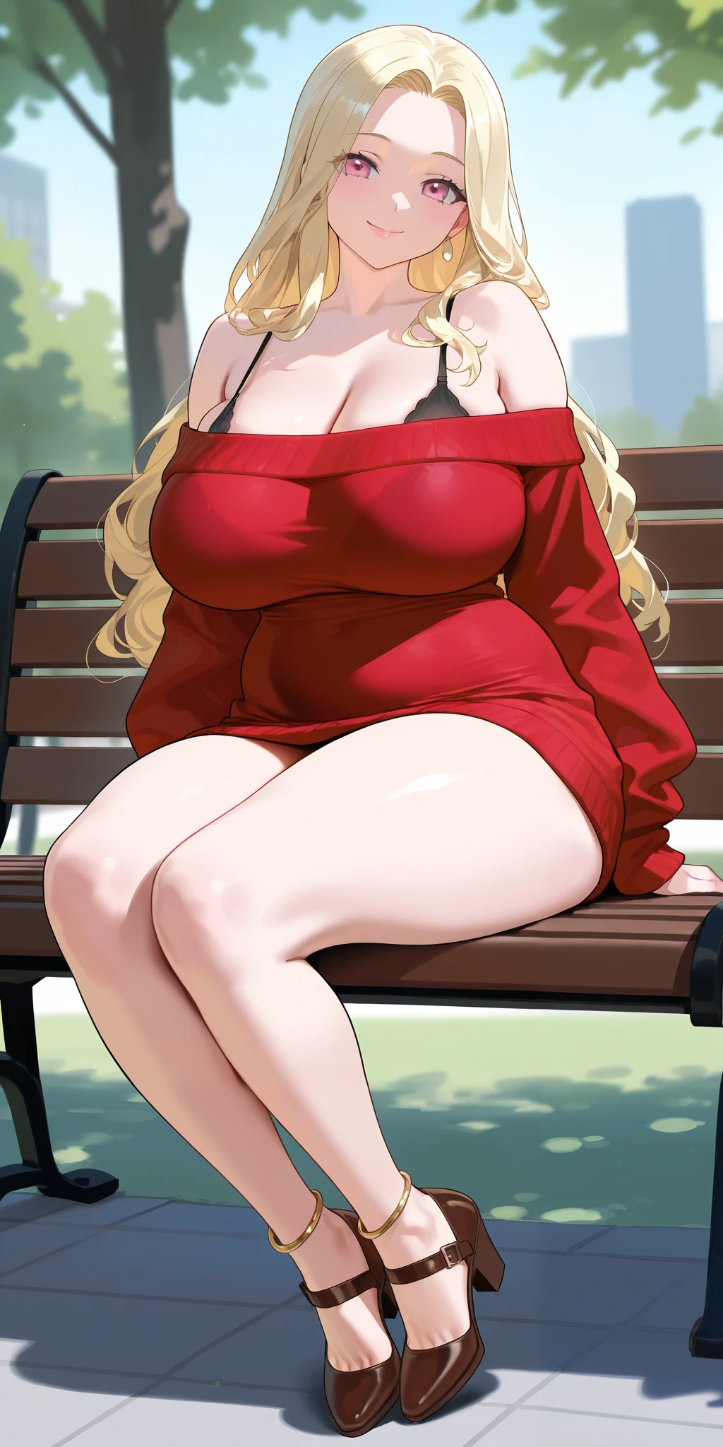 An extremely beautiful woman with blonde hair. She has extremely fair white natural skin, big pink eyes, big plump candy-red glossy lips, and a perfect slim body. She's only wearing a red oversized tube off-shoulder sweater, visible bra straps, brown heels, and feet anklets. She's sitting on a park bench, mouth closed, smiling, and a jeep parked far in the background. Show her full body.