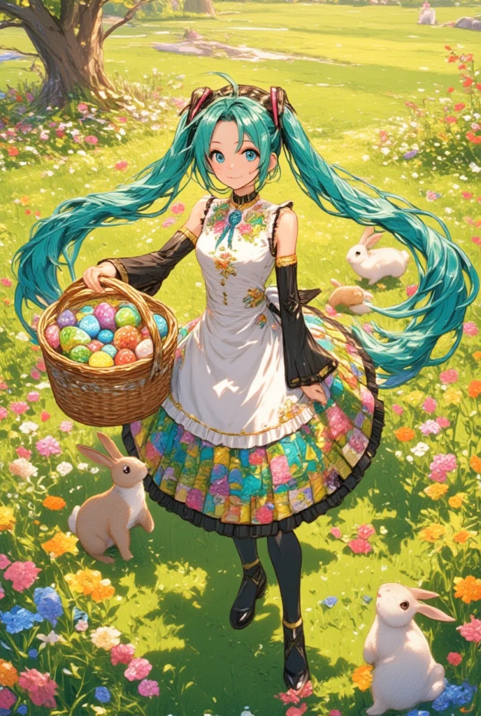masterpiece, highres, best quality,1girl, hatsune miku, smile, alice in wonderland, dress, (forest), (flowers:0.8), (butterfly:0.6), (bunny ears), fairy tale, mushroom, atmospheric, basket, easter eggs, ((striped stockings)), red ribbons