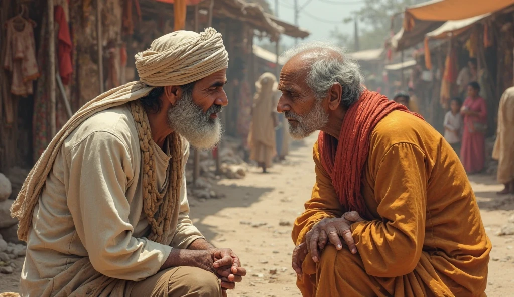 A young Indian handsome boy with beard shocked expression , sitting near an Indian sadhu who is telling the boy something , near ghats of varanasi