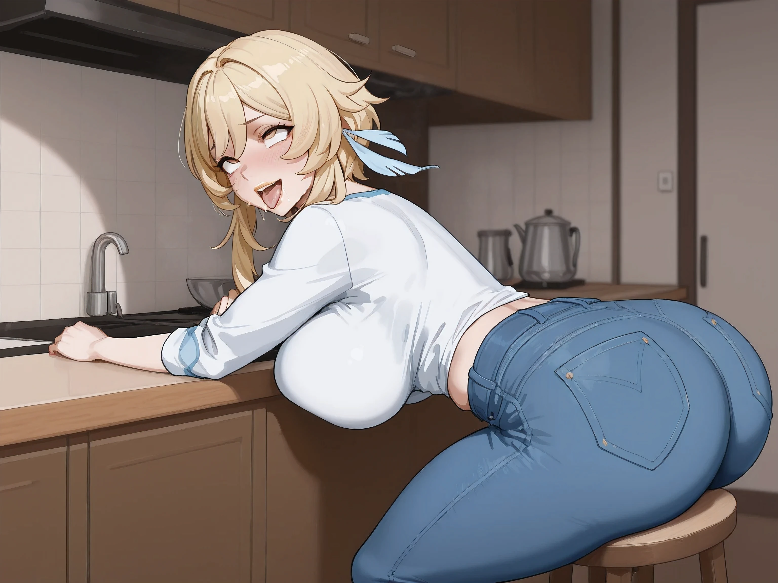 Genshin impact, lumine, big breast, big ass, golden lips, ahegao face, full height, sit on table in kitchen, jeans