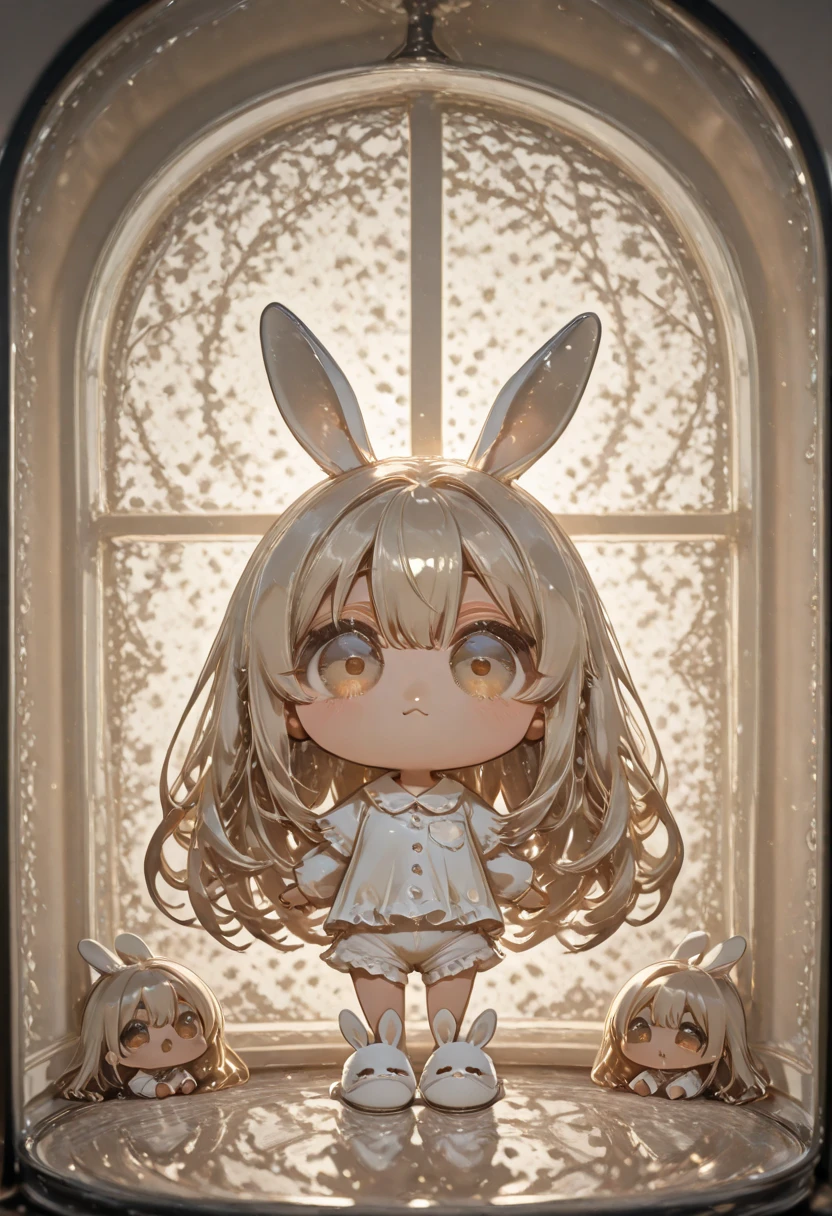 high definition、Super Detail、( 1girl :1.5),( chibi:2.0)、intricate details, depth field, natural light, professional lighting,Height 135 cm、blood、and a cute face、they are covered with hair so that their eyes are covered、 clear, big eyes peeking through gaps in the hair hair is yellow-dyed and mossamosa-long Angkor type cherry blossom colored pajamas and shorts with plenty of frills、 anthropomorphic bunny ears hang cute、 Adorable rabbit slippers、from the window glass as a whole、Seen from a distance、uncorrected、top quality、Accurate human body design diagram、perfect anatomy、 hand-drawn illustration、 crayon art 、Abstract Patterns、 cute anime