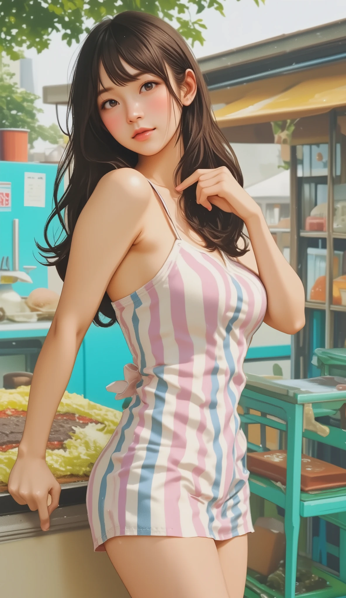 (top quality, 8k, masterpiece:1.3), (Big Breasts:0.7),Chest,(beautiful face:1.3),standing,kitchen,(shiny skin:1.2),( beautiful busty Japanese girl in their 20s),brown hair,(viewers),(shy),,excited,(Short apron),long hair,(colorful), striped ,(micro panties),(Big Breasts、deep cleavage、wet body, Sparkling Skin),close-up,(tan line:0.8),(arm),(nipples cover, eract nipples),(lean forward: 1.5),