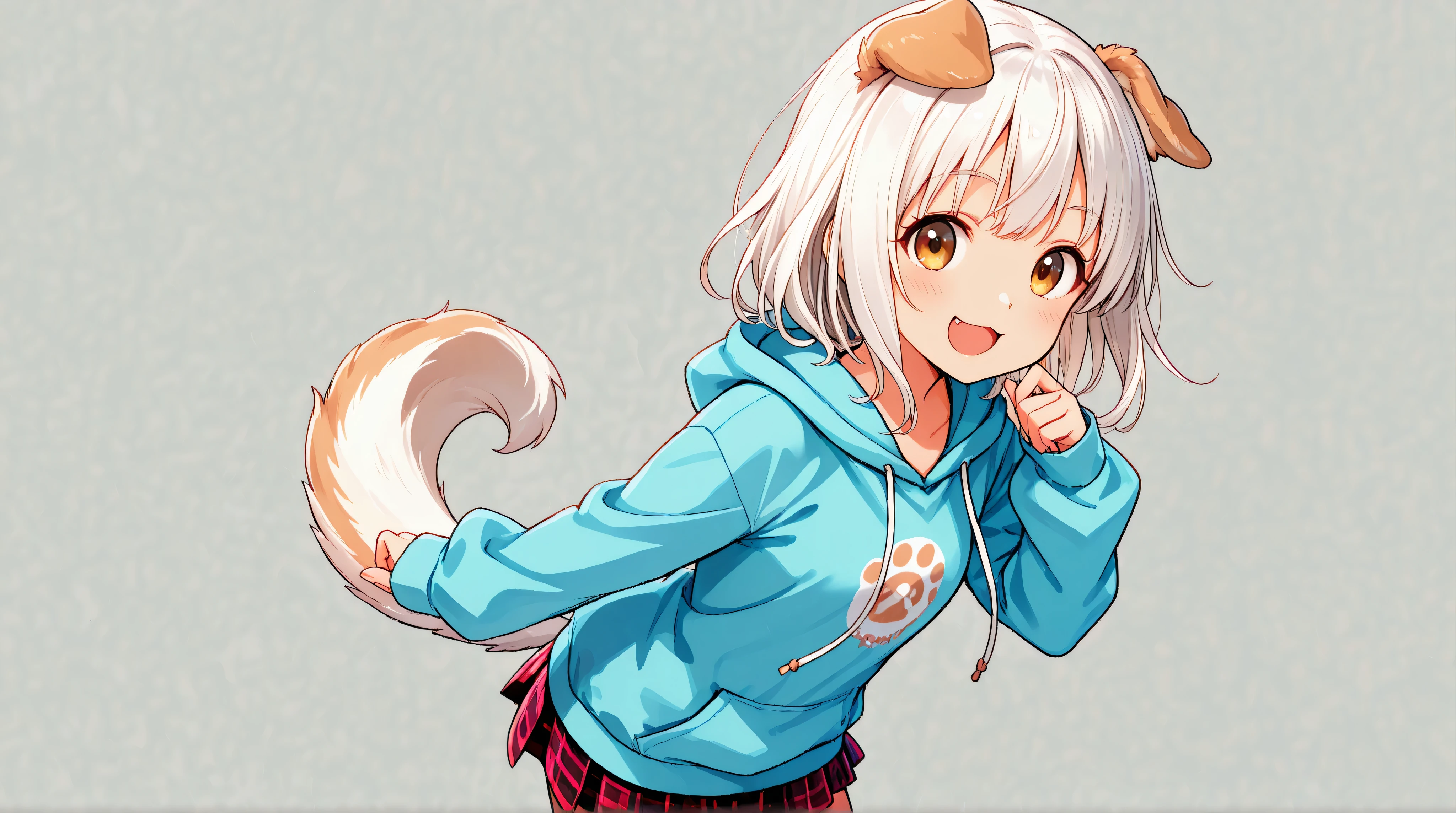 A tall, white-haired girl with dog ears and a Japanese facial appearance. She wears a cute hoodie paired with a plaid-patterned mini skirt, creating a stylish and lively look. Her casual and cheerful attire, featuring vibrant colors on the hoodie and classic checkered patterns on the skirt, conveys a youthful and energetic appearance. The overall style evokes a modern, playful, and trendy aesthetic. In Paris. 