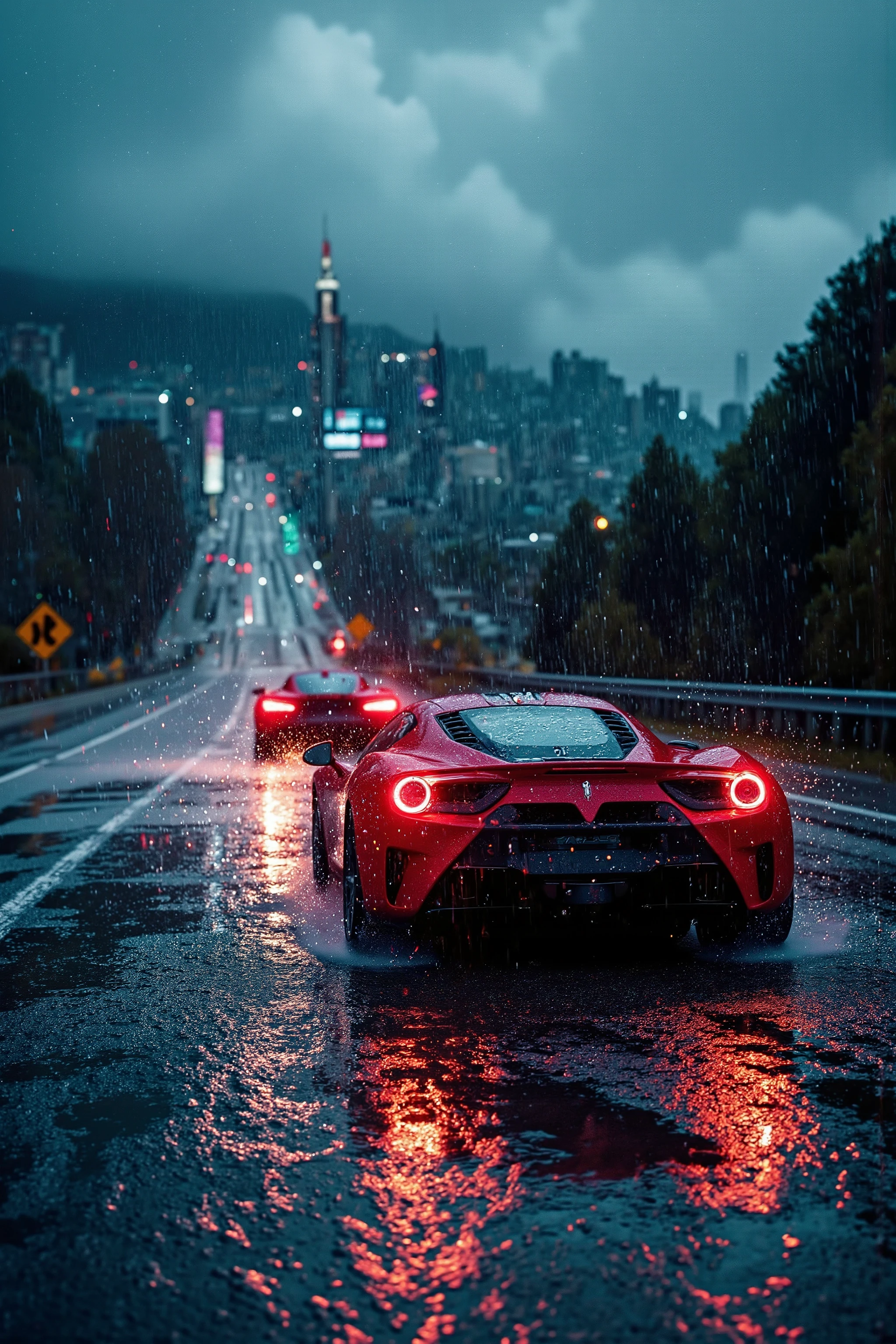 A hyper-realistic photograph of two exotic sports cars, a Lamborghini and a Ferrari, racing through the winding curves of a rainy mountain highway at night. The wet asphalt glistens, reflecting neon city lights in vibrant hues of blue, pink, and purple, creating a cyberpunk aesthetic. The red and white streaks of the cars’ taillights enhance the sense of speed and intensity. Heavy rain pours down, with water spraying from the tires as they grip the slick road, and droplets frozen mid-air. The misty atmosphere blurs the distant futuristic city skyline and mountain silhouettes, adding a dramatic and cinematic depth. The cars’ headlights pierce through the stormy darkness, casting sharp beams that illuminate the road ahead. The composition is dynamic, taken from a low-angle tracking shot, with motion blur on the background while the vehicles remain razor-sharp, capturing the raw energy of the high-speed competition.
Created Using: hyper-realistic photography, cinematic lighting, dramatic contrast, ultra-sharp details, motion blur background, heavy rain, neon reflections, cyberpunk atmosphere, exotic supercars, automotive action photography, Larry Chen/Tim Wallace style, HD quality, dynamic framing.