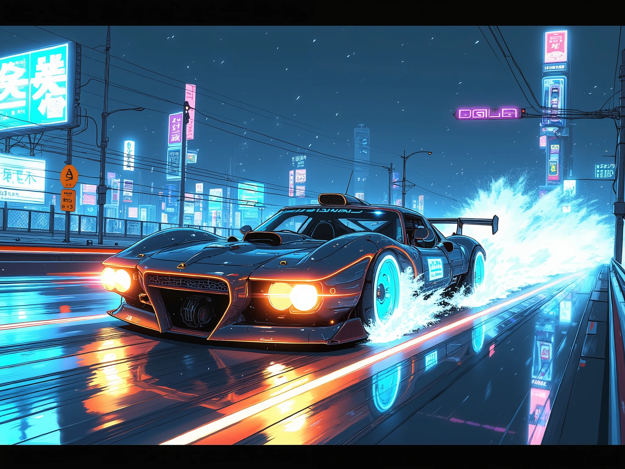 ((A car that drifts)). Edge light. ((A car that slides sideways)). Front view. ((The light of the headlight flows sideways)). Drift driving.Futuristic cyberpunk night highway race in heavy rain, extreme low-angle tracking shot. Motion blur of lights.,A sleek neon-lit sports car drifts sideways at high speed, tires kicking up water spray and sparks. The road is soaked, reflecting vibrant blues and purples from the city lights. Motion blur streaks the headlights and taillights, creating a sense of rapid movement. Neon holographic billboards glow in the distance, casting eerie reflections onto the wet asphalt. Raindrops streak past the camera, enhancing the high-speed thrill of the scene、anime,Cyberpunk,modernretroanime,Crooked road.