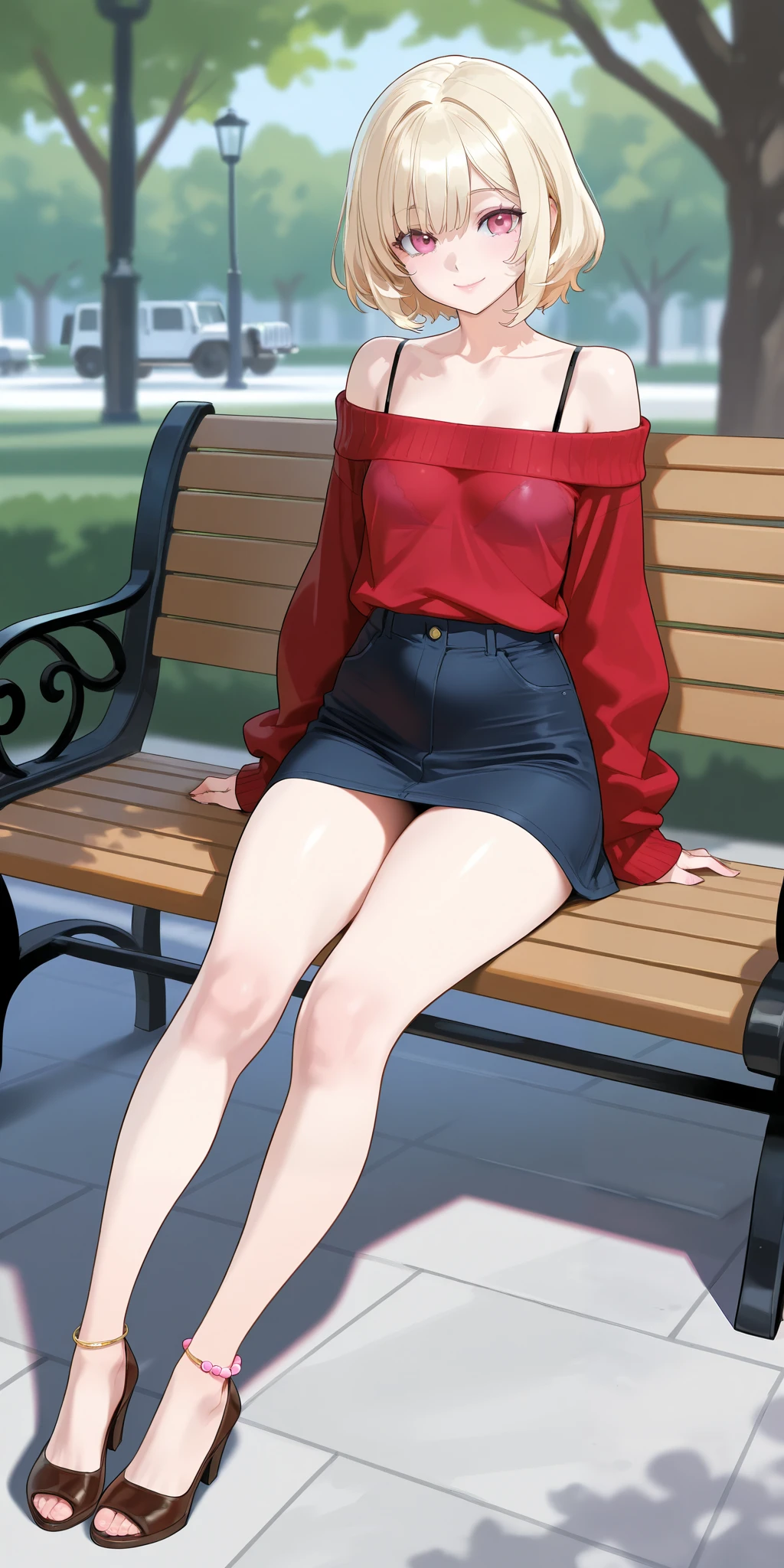 An extremely beautiful woman with blonde hair. She has extremely fair white natural skin, big pink eyes, big plump candy-red glossy lips, small plain breasts, and a perfect slim slender body. She's only wearing a red oversized tube off-shoulder sweater, visible bra straps, brown heels, and feet anklets. She's sitting on a park bench, mouth closed, smiling, and a jeep parked far in the background. Show her full body.
