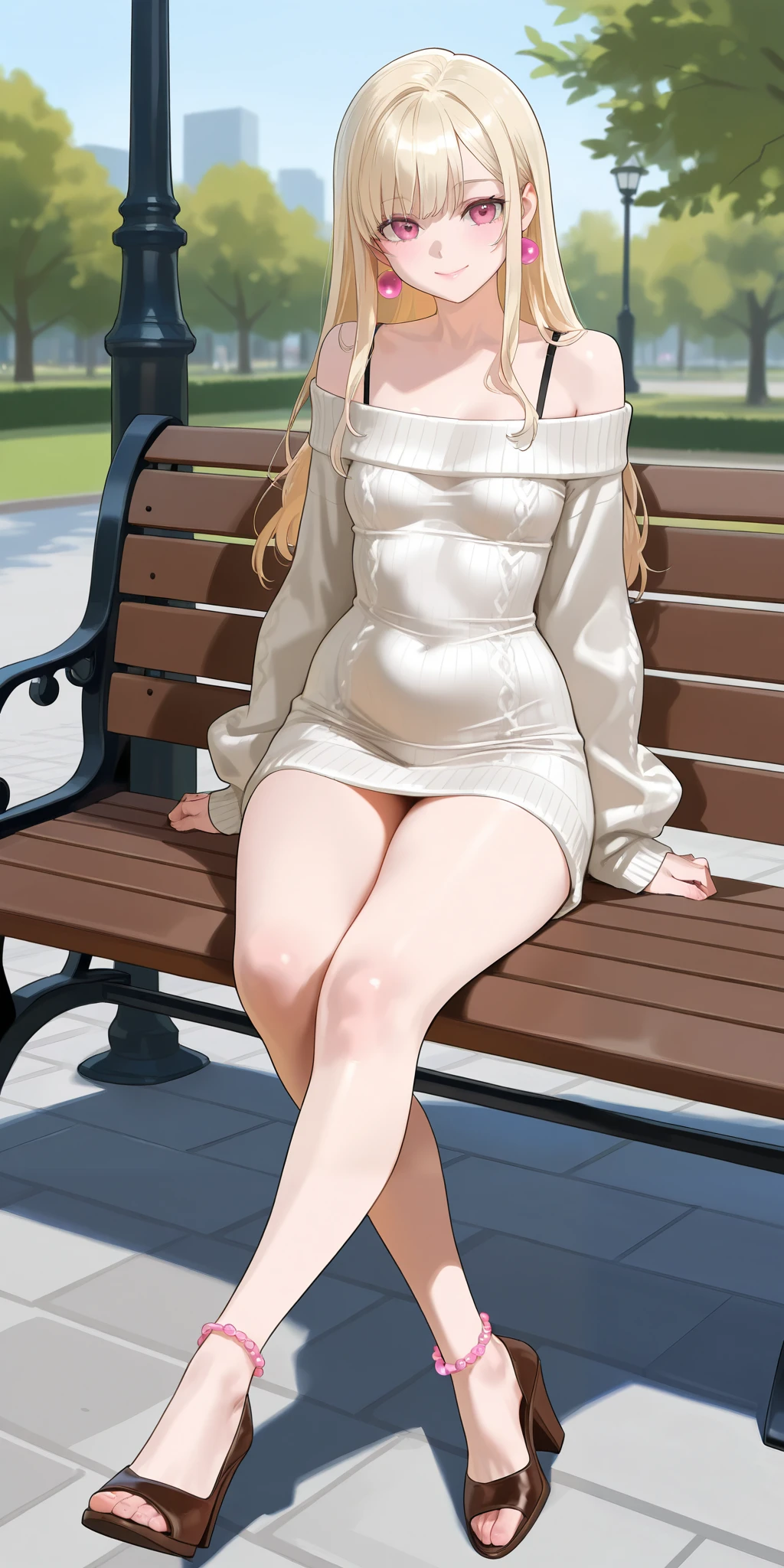 An extremely beautiful woman with blonde hair. She has extremely fair white natural skin, big pink eyes, big plump candy-red glossy lips, small plain breasts, and a perfect slim slender body. She's only wearing a red oversized tube off-shoulder sweater, visible bra straps, brown heels, and feet anklets. She's sitting on a park bench, mouth closed, smiling, and a jeep parked far in the background. Show her full body.