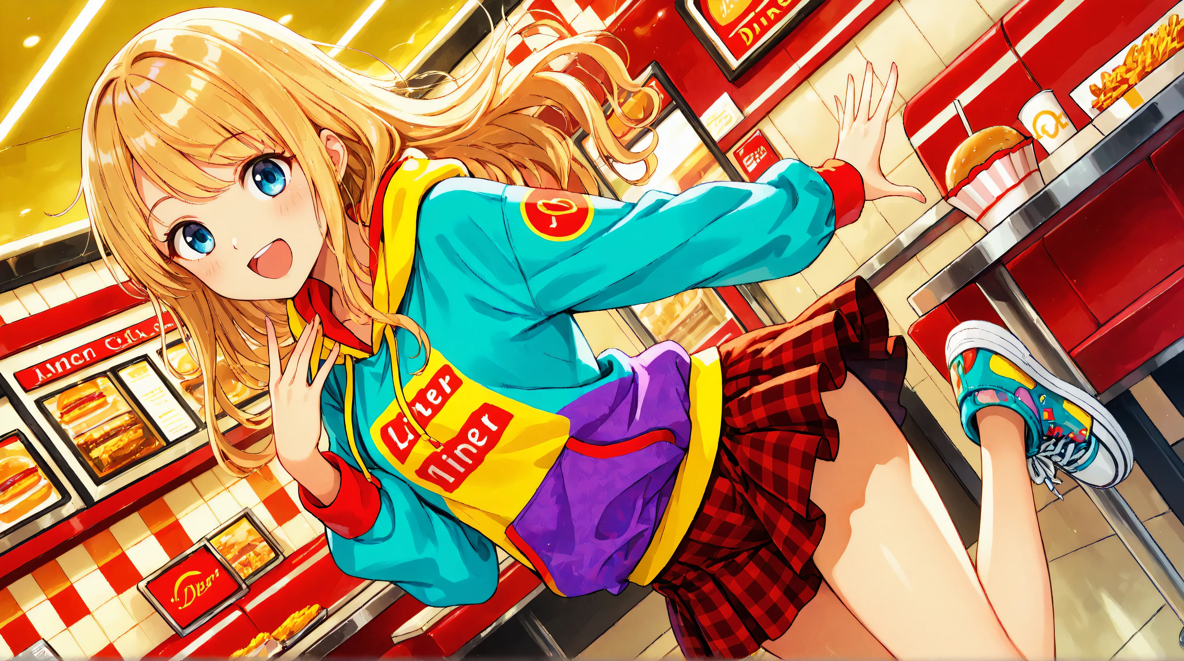 A slender -yeld an-style girl with long, flowing golden blonde hair. She wears a colorful hoodie paired with a plaid-patterned mini skirt, creating a stylish and lively look. Her casual and cheerful attire, featuring vibrant colors on the hoodie and classic checkered patterns on the skirt, conveys a youthful and energetic appearance. The overall style evokes a modern, playful, and trendy aesthetic. In a fast food diner.