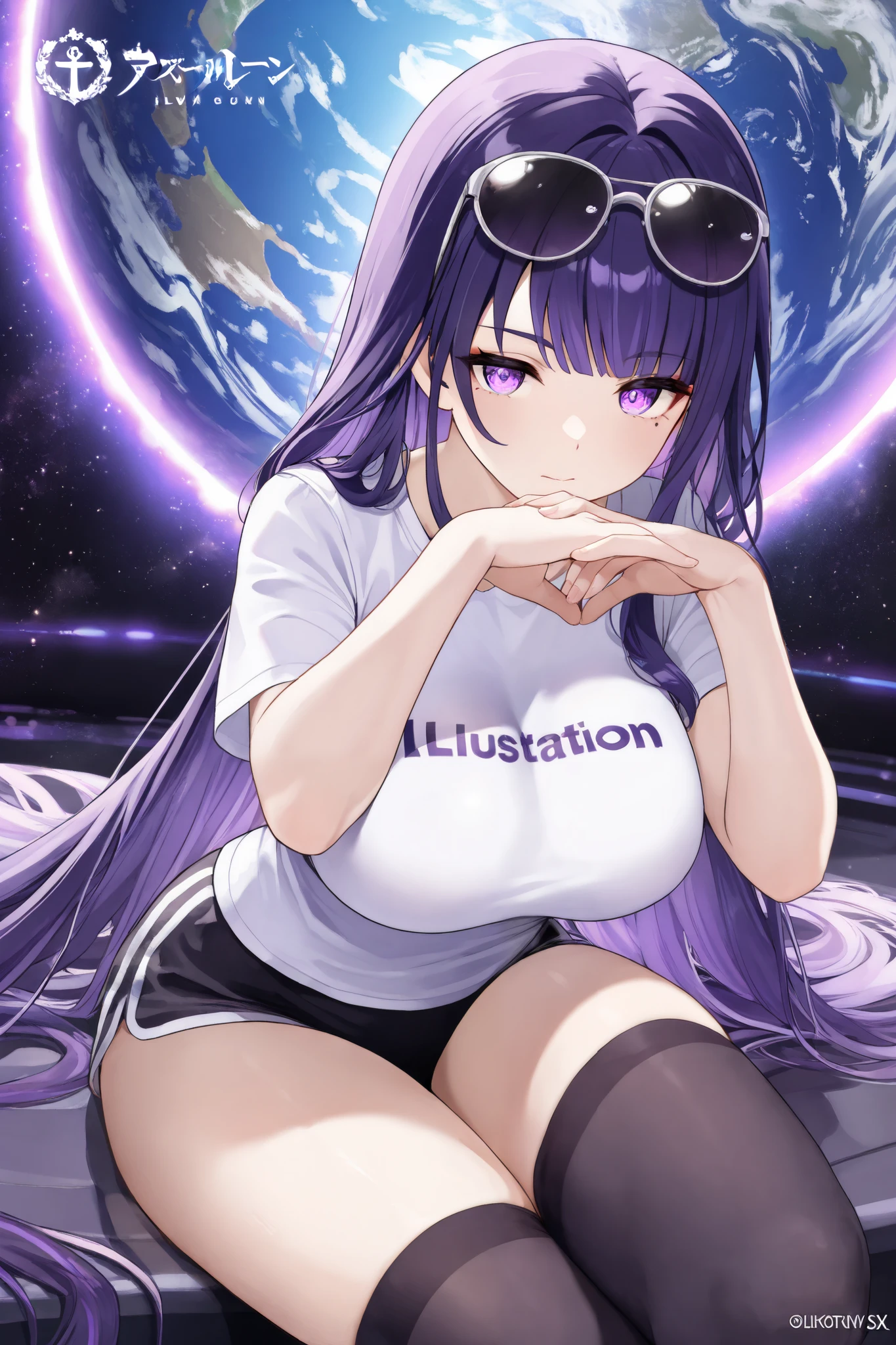 BREAK, (best quality, masterpiece, ultra-detailed, illustration:1.2),(8K wallpaper),(beautiful detailed eyes:1.2), beautiful, detailed eyes, soft light, AddXL light steps, intricate colors, vibrant colors, absurdres, very awa, 

Raiden shogun
solo
long hair
Looking at earth
breasts
Midium breasts
sitting
very long hair
closed mouth
purple eyes
white shirt
purple hair
short sleeves
Purple eyes
sunglasses
Earth in both hands
And side Face 
Starsw and Milky Way 
Galaxy in background 
Amazing background 
clothes writing
eyewear on head
thighhighs
planet