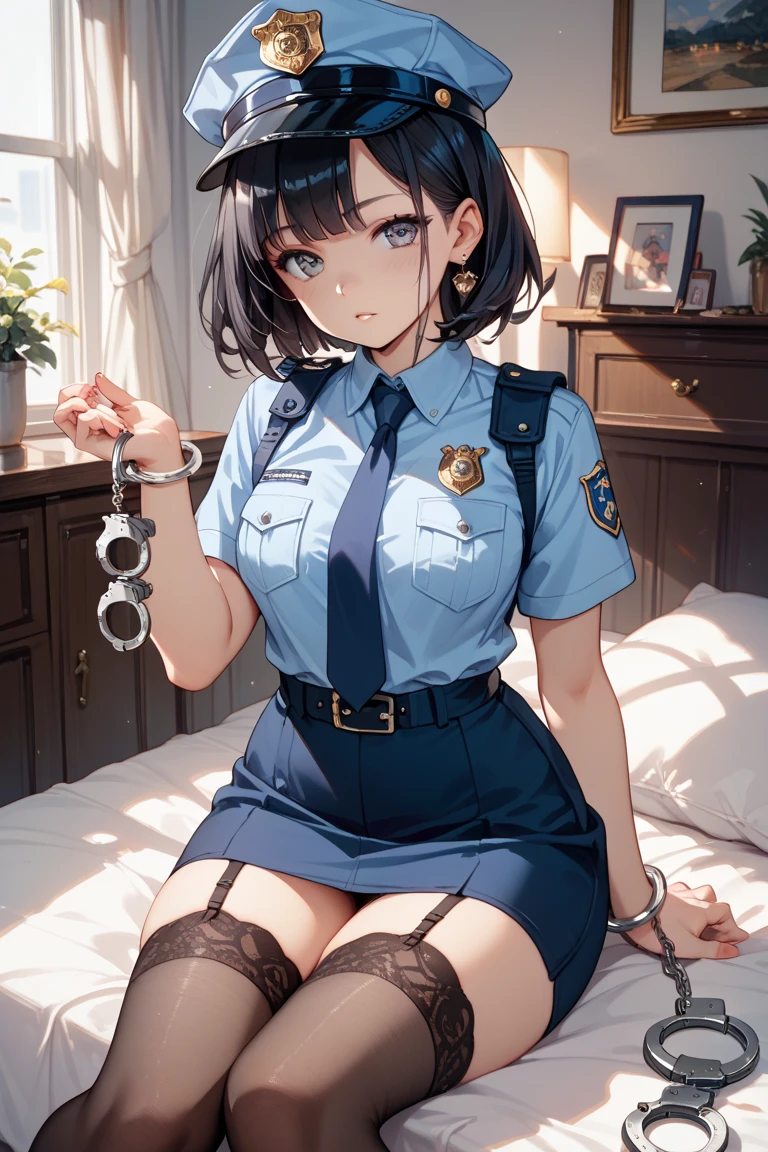 Browsing Caution,((Highest quality)),((masterpiece)),(detailed),sexy,((on the screen of smartphone camera app frame)),((spoken heart)),Panties focus,((In the prison)),A crying female police officer wearing glasses during a rut,Very small breasts,Skinny body,Black hair ponytail,Restricted cap,navy blue uniform and white shirt,Her skirt is rolled up,((blue and white striped panties)),((wearing black garter stockings)),boots,Standing with your legs wide apart to the left and right,