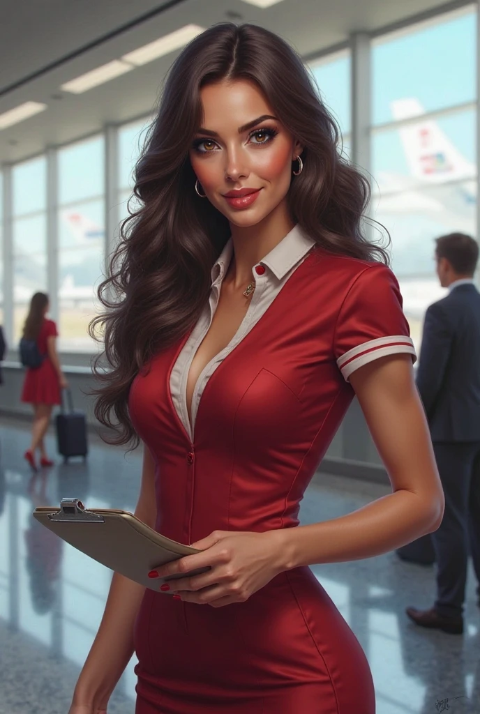 a beautiful busty indian airhostess in a tight dress, long wavy hair, detailed eyes and lips, wearing a waist chain around her navel, highly detailed, photorealistic, 8k, cinematic lighting, dramatic coloring, intricate details, breathtaking realism