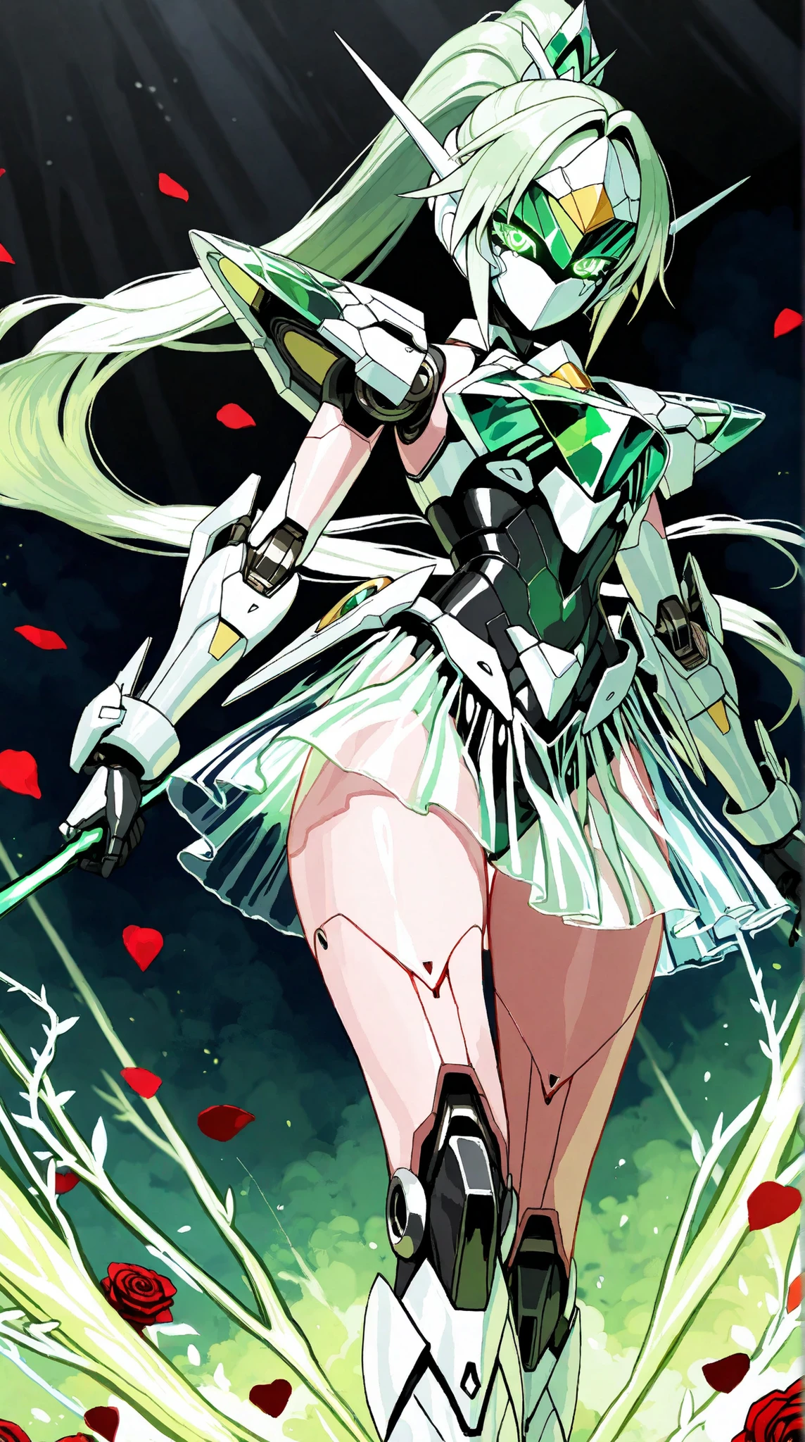 ((top quality)),( ultra high definition ),(very well detailed),( detailed description),(( best CG )),(masterpiece), Ultra Detailed Art ,Amazing Painting Art,(art with delicate details:1.5), Female Robot, Full mechanical mask with a beautiful pattern, long ponytail, shining emerald eyes, female mecha body, Mecha Knight Armor, Intricate engravings, clear skirt armor, elegant leg armor, Night sword that emits powerful energy waves, Rose Petals , Dynamic Action, dynamic pose