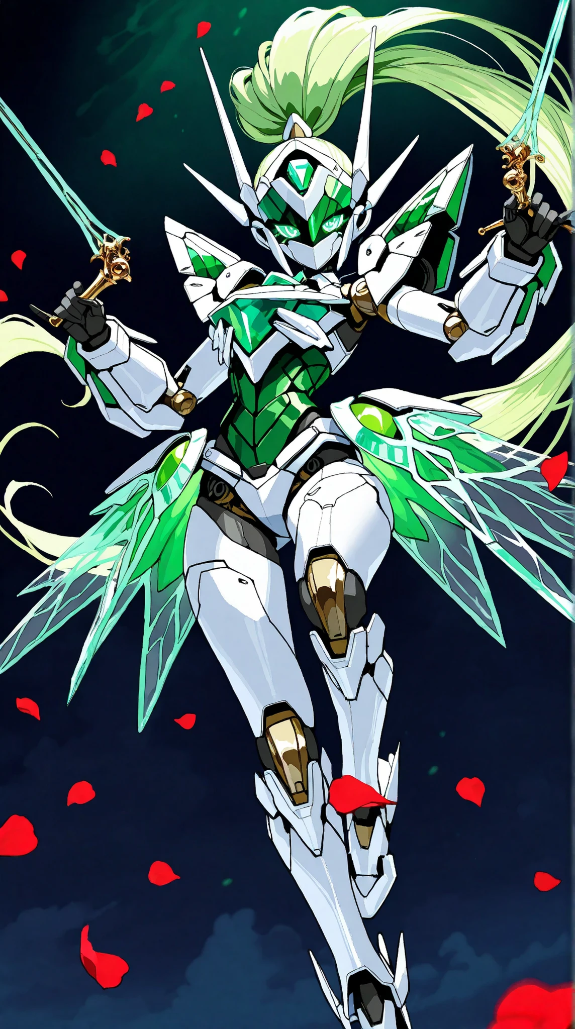 ((top quality)),( ultra high definition ),(very well detailed),( detailed description),(( best CG )),(masterpiece), Ultra Detailed Art ,Amazing Painting Art,(art with delicate details:1.5), Female Robot, Full mechanical mask with a beautiful pattern, long ponytail, shining emerald eyes, female mecha body, Mecha Knight Armor, Intricate engravings, clear skirt armor, elegant leg armor, Night sword that emits powerful energy waves, Rose Petals , Dynamic Action, dynamic pose