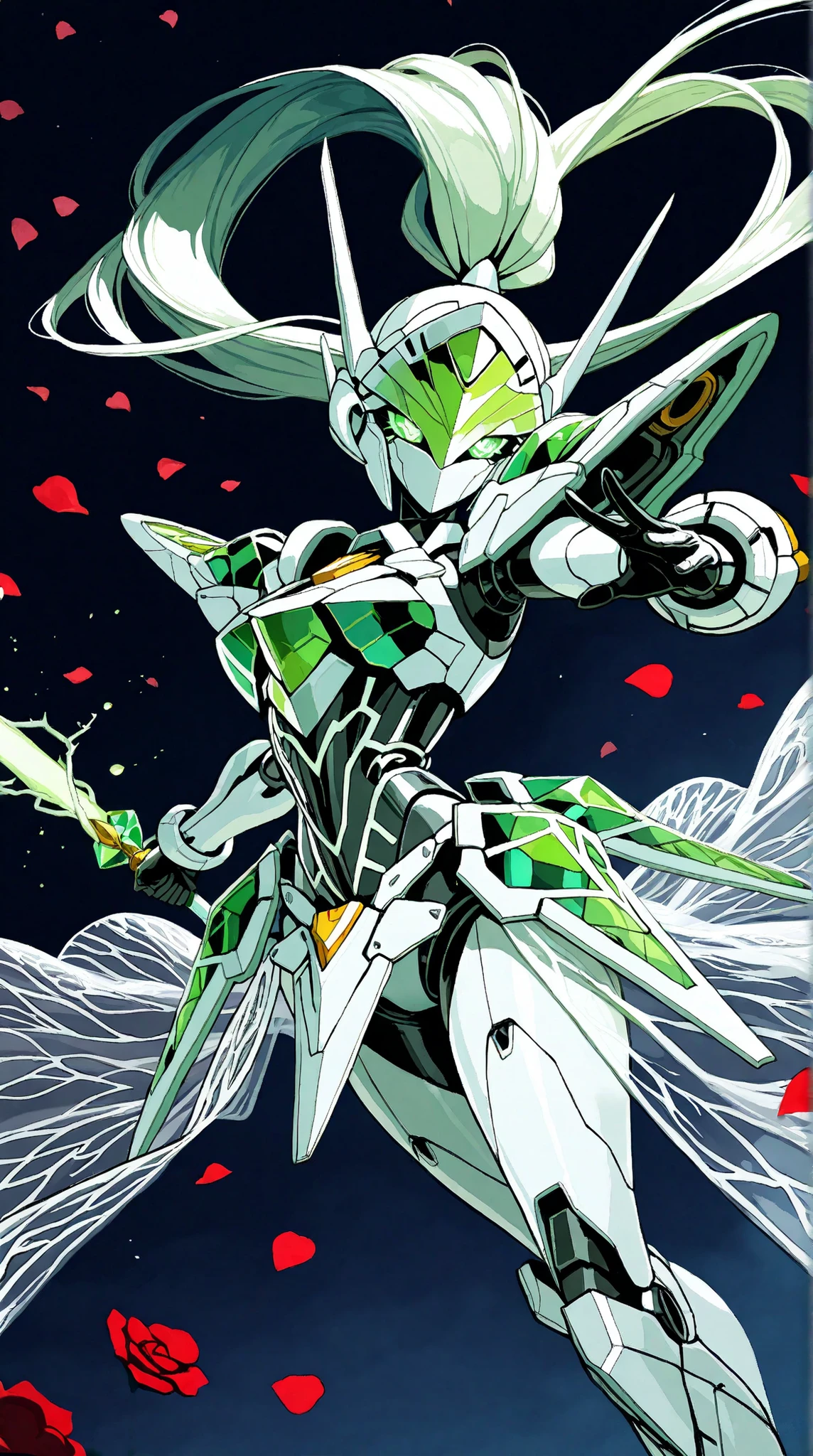 ((top quality)),( ultra high definition ),(very well detailed),( detailed description),(( best CG )),(masterpiece), Ultra Detailed Art ,Amazing Painting Art,(art with delicate details:1.5), Female Robot, Full mechanical mask with a beautiful pattern, long ponytail, shining emerald eyes, female mecha body, Mecha Knight Armor, Intricate engravings, clear skirt armor, elegant leg armor, Night sword that emits powerful energy waves, Rose Petals , Dynamic Action, dynamic pose
