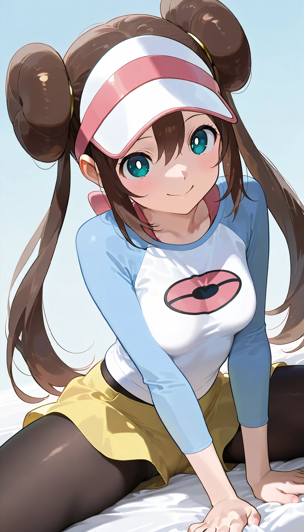 high resolution picture, masterpiece, best quality, amazing quality, solo, 1girl, rosa,pantyhose, pantyhose under shorts, raglan sleeves, skirt, yellow skirt, white shirt, blue sleeves, long sleeves, visor cap,smile,small breasts