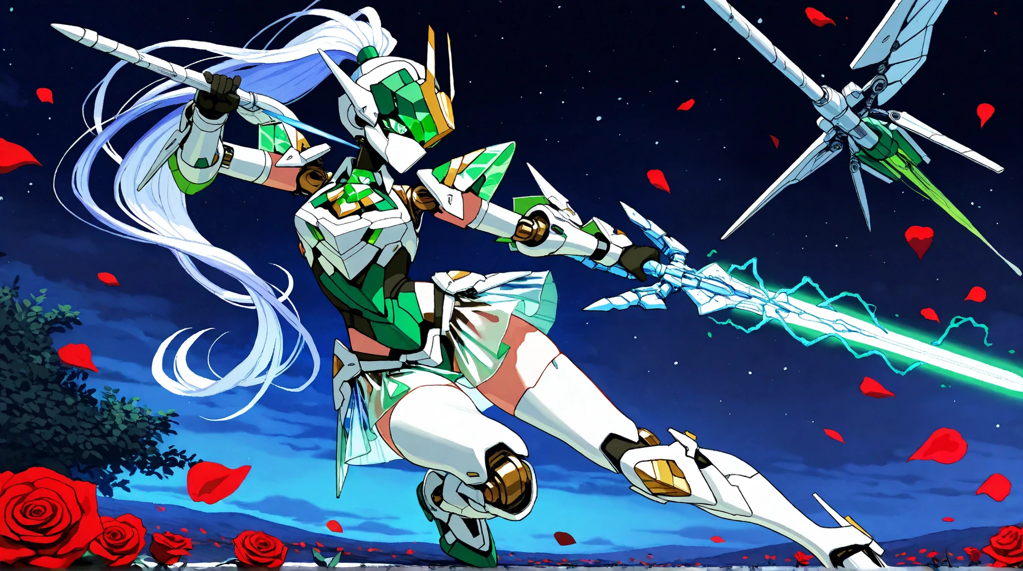 ((top quality)),( ultra high definition ),(very well detailed),( detailed description),(( best CG )),(masterpiece), Ultra Detailed Art ,Amazing Painting Art,(art with delicate details:1.5), Female Robot, Full mechanical mask with a beautiful pattern, long ponytail, shining emerald eyes, female mecha body, Mecha Knight Armor, Intricate engravings, clear skirt armor, elegant leg armor, Night sword that emits powerful energy waves, Rose Petals , Dynamic Action, dynamic pose