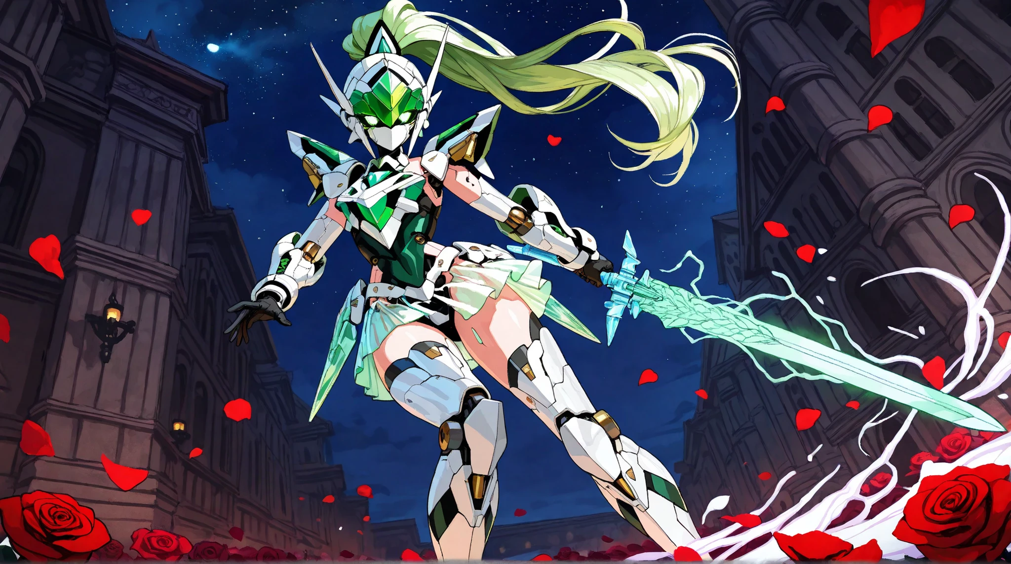 ((top quality)),( ultra high definition ),(very well detailed),( detailed description),(( best CG )),(masterpiece), Ultra Detailed Art ,Amazing Painting Art,(art with delicate details:1.5), Female Robot, Full mechanical mask with a beautiful pattern, long ponytail, shining emerald eyes, female mecha body, Mecha Knight Armor, Intricate engravings, clear skirt armor, elegant leg armor, Nightsword that emits powerful energy waves, Rose Petals , Dynamic Action, dynamic pose