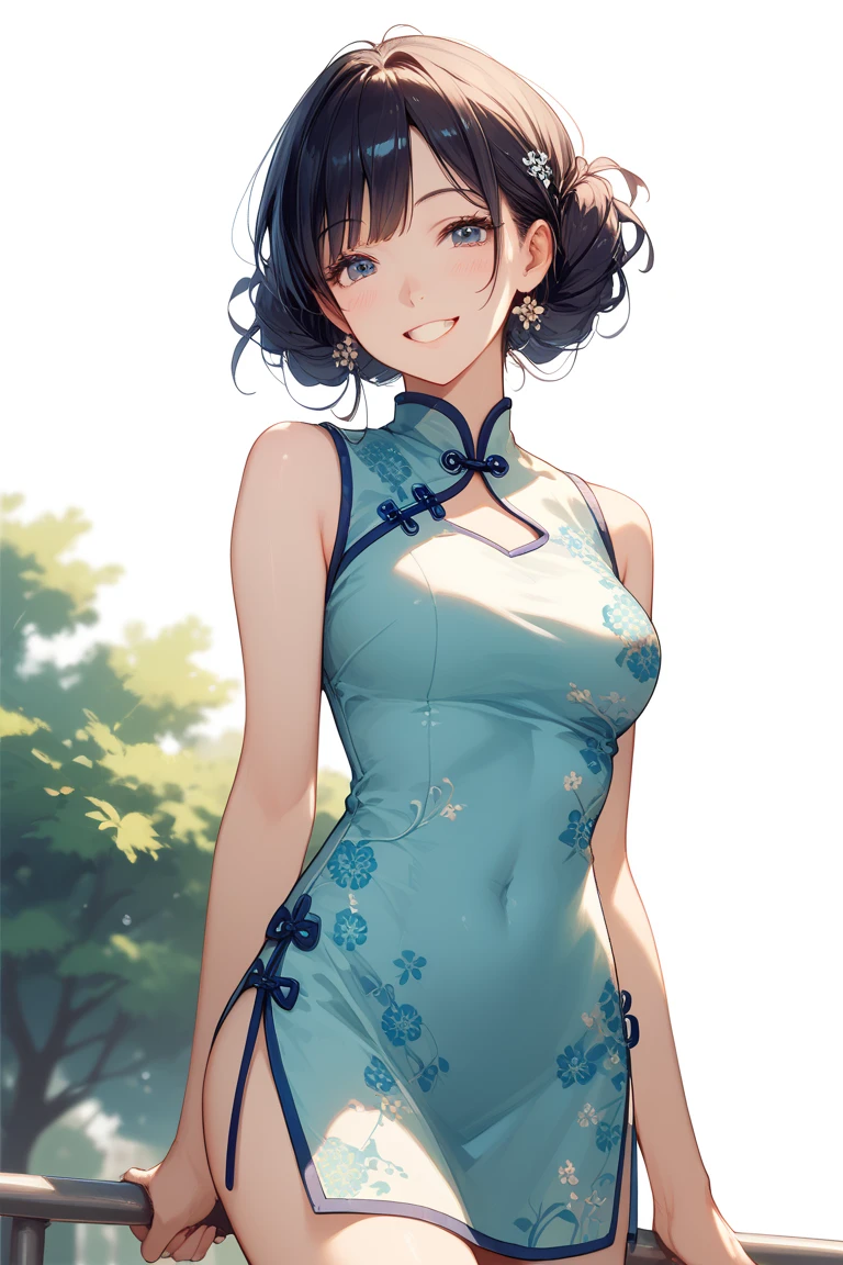 (masterpiece:1.2, highest quality), (Realistic, photoRealistic:1.4), Beautiful illustrations, (Natural Side Lighting, Cinema Lighting),
Looking at the audience, 1 girl, Fateful meeting, Japanese, Perfect Face, Perfect Anatomy, Symmetrical cute face, Shiny skin,
(Mid-length hair:1.6, Hair Bun:1.5, Brown Hair), Hair between the eyes, Purple eyes, Long eyelashes, (Medium chest), thin,
Beautiful Hair, Beautiful Face, Fine and beautiful eyes, Beautiful clavicle, Beautiful body, Beautiful breasts, Beautiful thighs, Beautiful legs, Beautiful fingers,
((Symmetrical clothing, Beautiful light blue Chinese dress, delicate flower embroidery), Flower Hair Ornaments),
(Beautiful views), Written boundary depth, Daytime, (Cityscape, Downtown Japan, Petals are dancing, crowd) Are standing, please put your hand on your chest, (Cute Smile, Upper Eye),