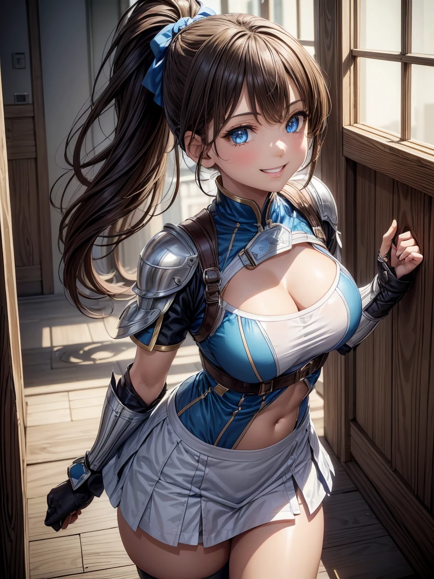 (highest quality:1.3), High resolution, Very detailed, Very detailedな CG Unity 8k 壁紙, Realistic, photo-Realistic, RAW Photos, Beautiful and dense face, White skin, Realistic glistening skin, High-quality fabric, Detailed hair texture, Perfect body, Beautiful Features, Accurate, Anatomically correct, Very detailedな顔と肌の質感、One Girl, cute, ((brown hair、ponytail, deep blue eyes: 1. 2)), Shiny Hair, Thick bangs, ((A smile showing white teeth: 1. 2)), (red and black armor、Ultra Micro Hot Pants:1、3),