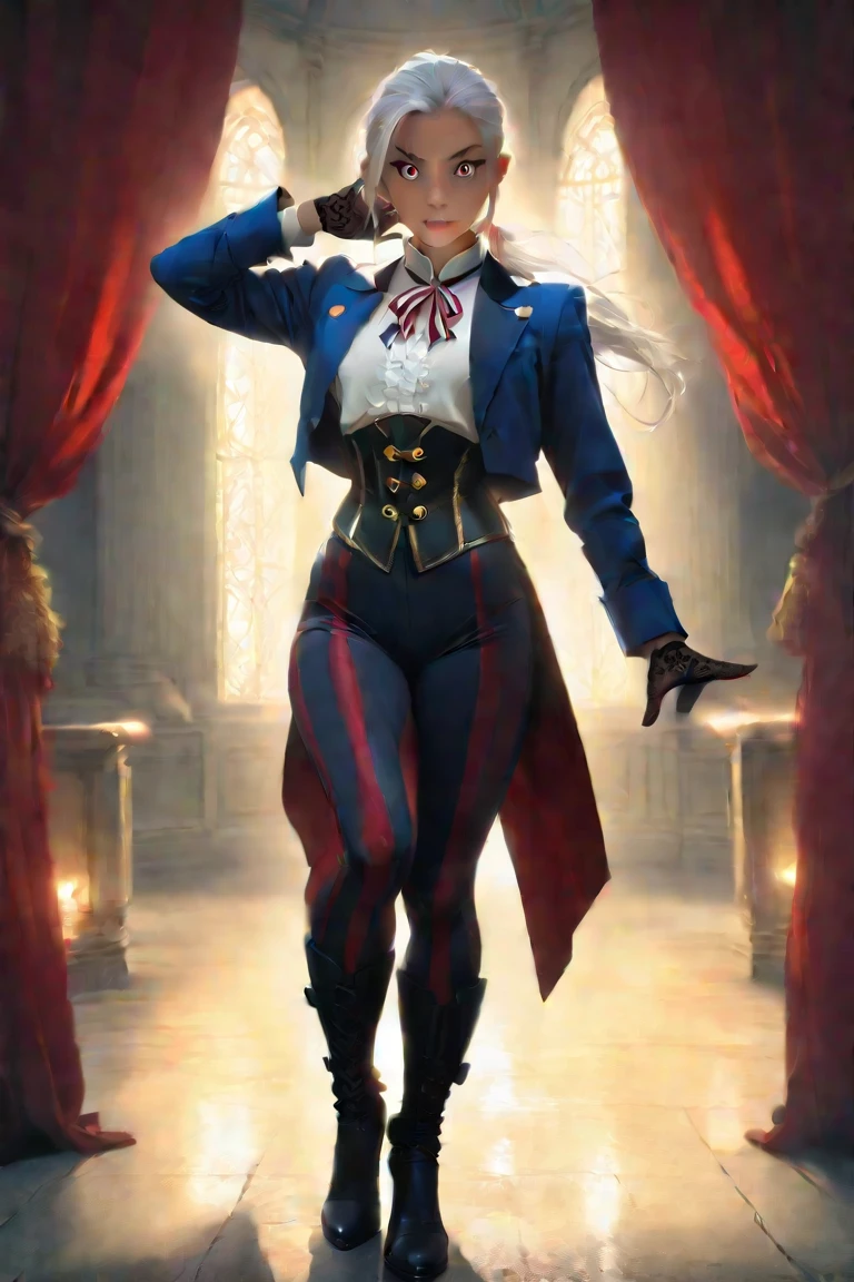 ((((((1boy)))))), fluffy blonde hair, ((big sharp wolf ears)), wolf tail, slim figure, ((pale skin)), sky blue eyes, joyful, big thighs, fangs, slim waist, lean figure, skin pale, youthful appearance, (((bulge))), black thigh socks, black coat, twink, pointing at viewer, full body view, excellent physique, victorian clothing