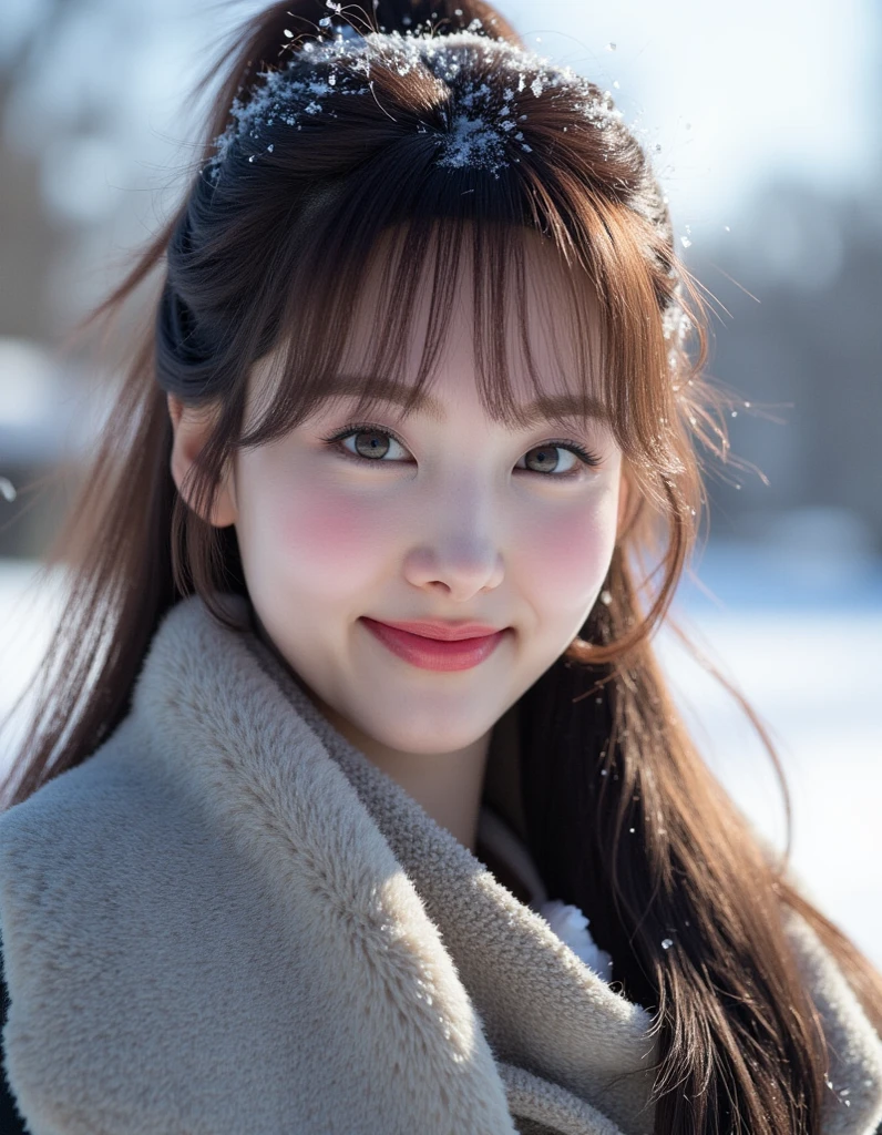 (A state where the face is accurately positioned in the center of the image: 1.5), (upper breast: 1.5), (is fully reflected: 1.5), (Face clearly visible: 1.2)、 (fur coat : 1.5), (A clear day with snow : 1.5), long hair、bangs, smile, young and cute japanese face , official art, high image quality CG Unity 8k wallpaper,Ultra high image quality , very well detailed, high image quality , film grain , lens flare glow , Highest quality ,8k, as a portrait shot ,8k, viewer , (( masterpiece)), (( Highest quality )), ( very well detailed), ((  it's cute )), ((  sexy)), (( very well detailedな)), ( Detail Wear Features ), ( beautiful), illustration of a woman with a penis , beautiful Japanese woman, ((  ladies 1 )), (Tight Chest  : 1.3)