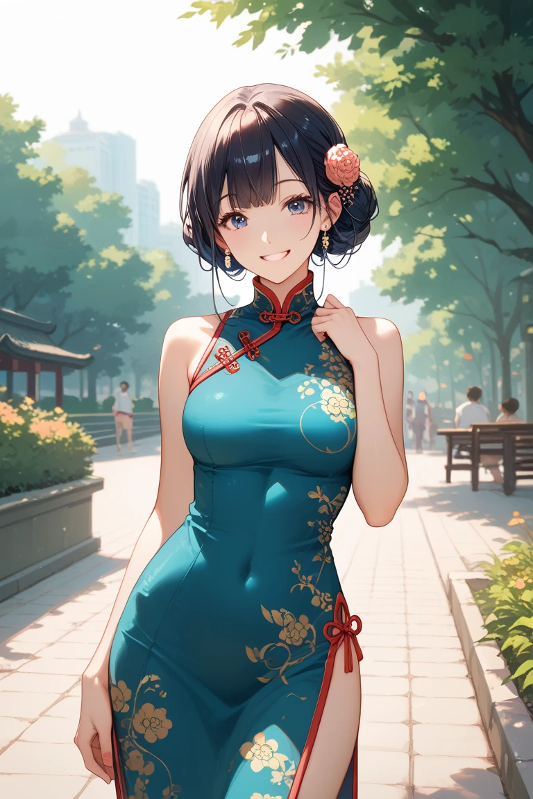 (masterpiece:1.2, highest quality), (Realistic, photoRealistic:1.4), Beautiful illustrations, (Natural Side Lighting, Cinema Lighting),
Looking at the audience, 1 girl, Fateful meeting, Japanese, Perfect Face, Perfect Anatomy, Symmetrical cute face, Shiny skin,
(Mid-length hair:1.6, Hair Bun:1.5, Brown Hair), Hair between the eyes, Purple eyes, Long eyelashes, (Medium chest), thin,
Beautiful Hair, Beautiful Face, Fine and beautiful eyes, Beautiful clavicle, Beautiful body, Beautiful breasts, Beautiful thighs, Beautiful legs, Beautiful fingers,
((Symmetrical clothing, Beautiful light blue Chinese dress, delicate flower embroidery), Flower Hair Ornaments),
(Beautiful views), Written boundary depth, Daytime, (Cityscape, Downtown Japan, Petals are dancing, crowd) Are standing, please put your hand on your chest, (Cute Smile, Upper Eye),